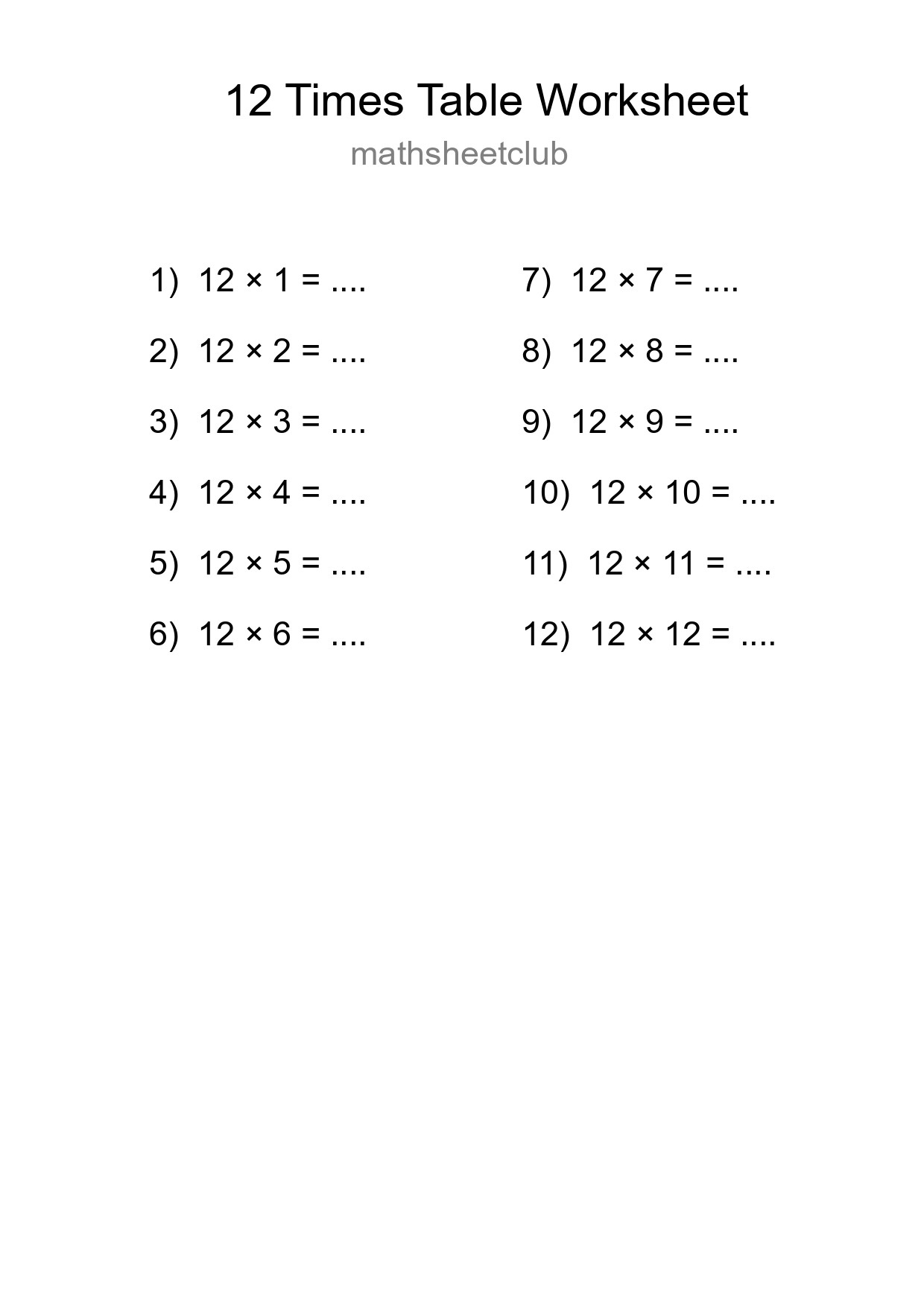 12 Times Table Worksheet For Grade 4 With Answers - Part 31
