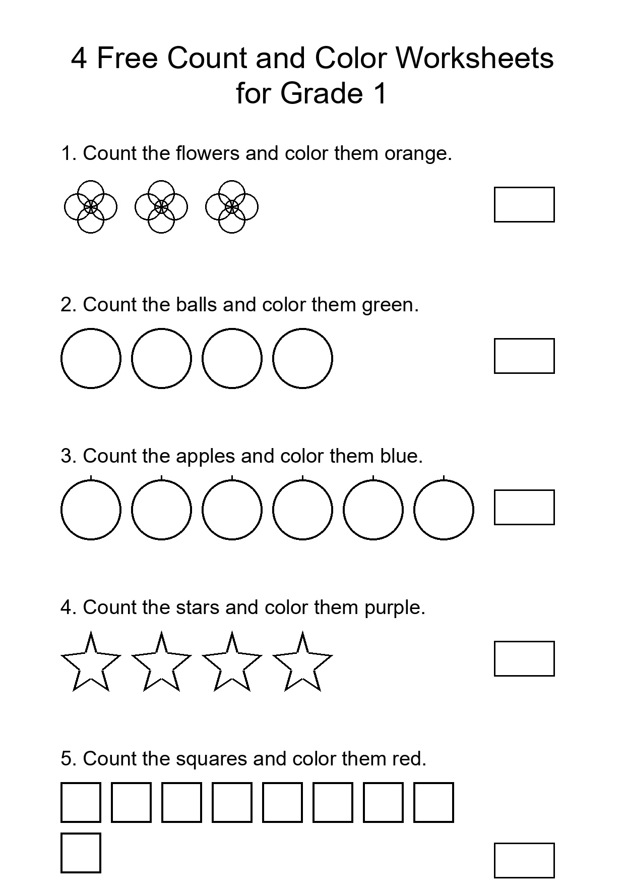 4 Free Count and Color Worksheets for Grade 1