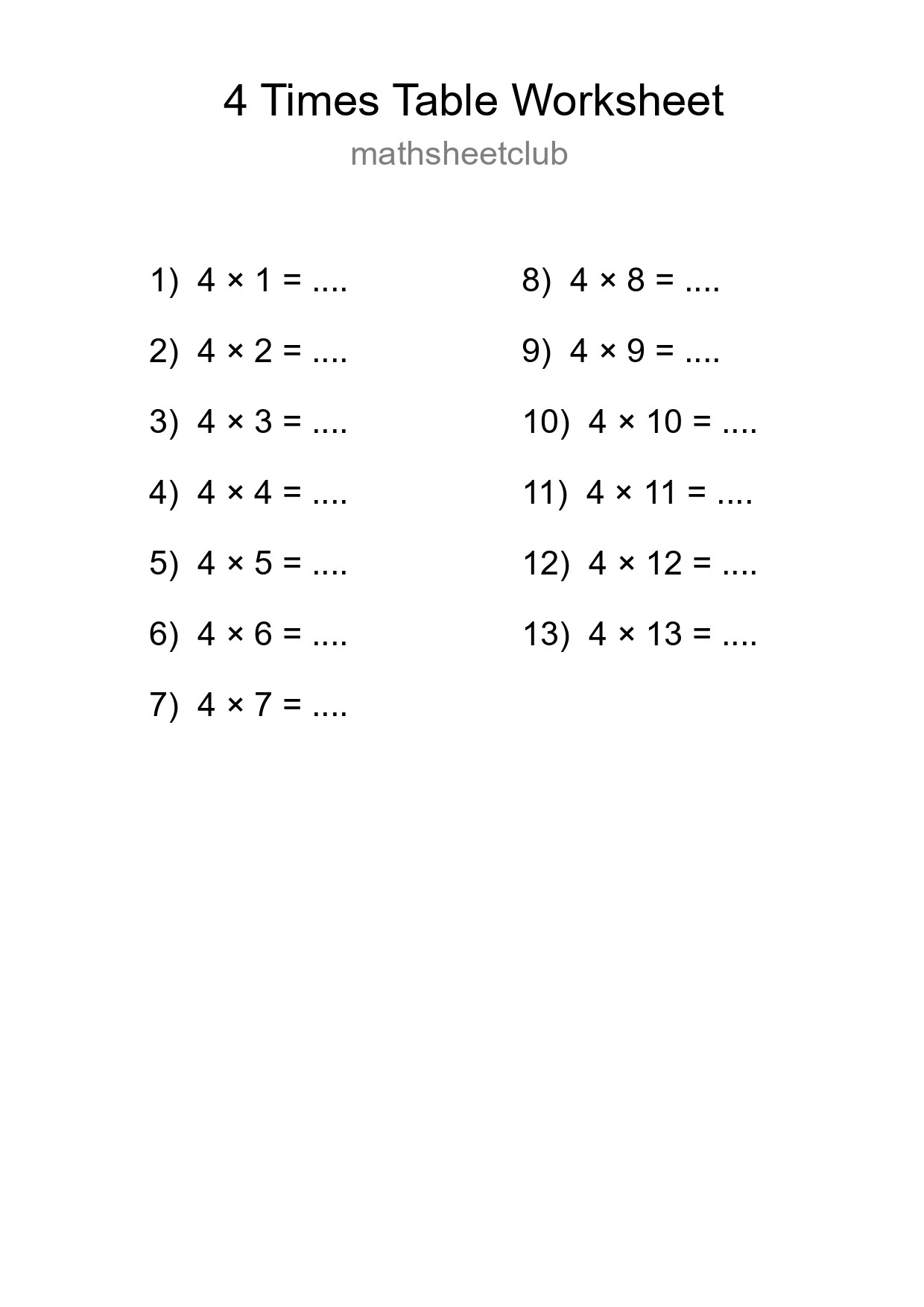 4 Times Table Worksheet For Grade 2 With Answers - Part 119