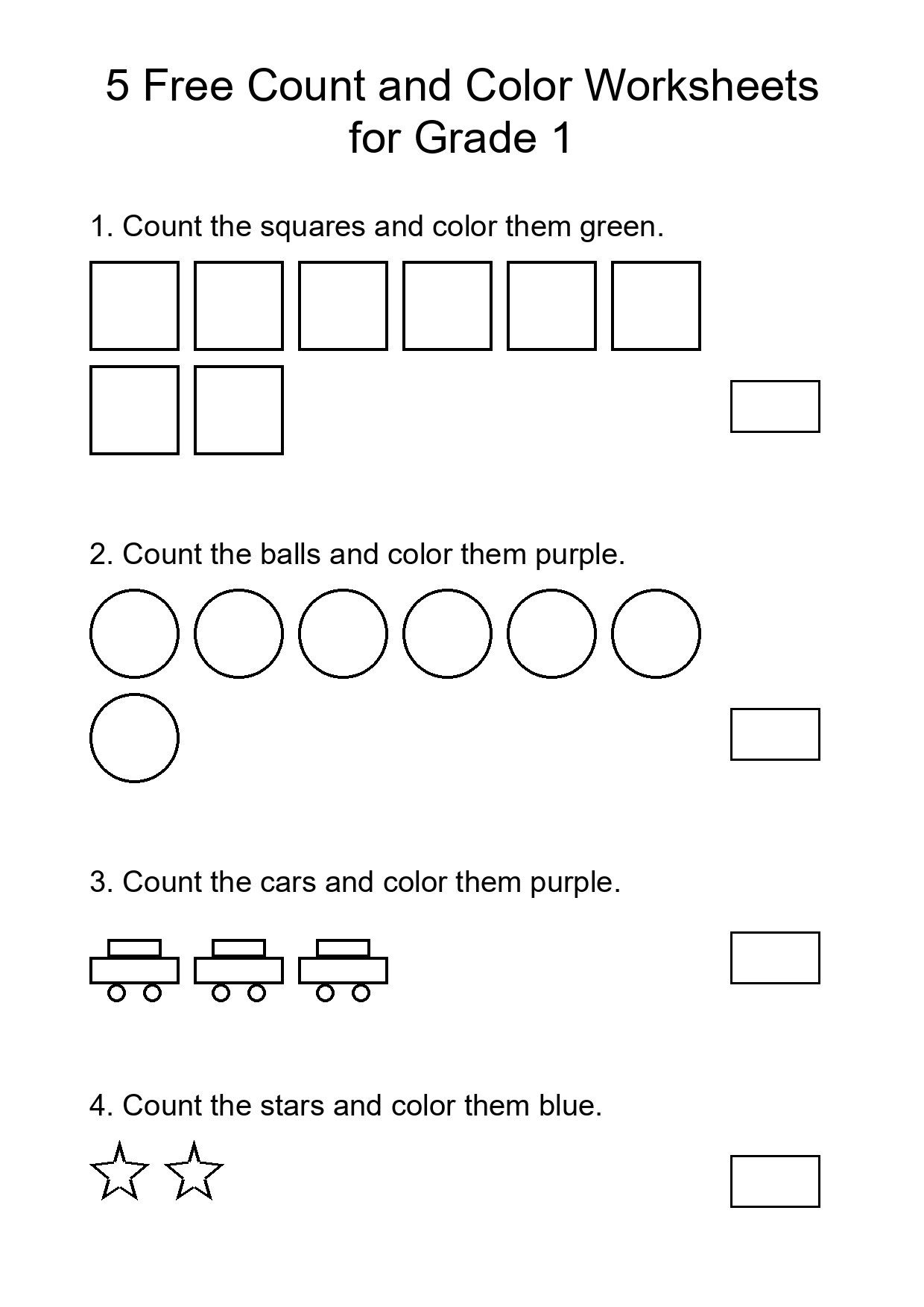 5 Free Count and Color Worksheets for Grade 1