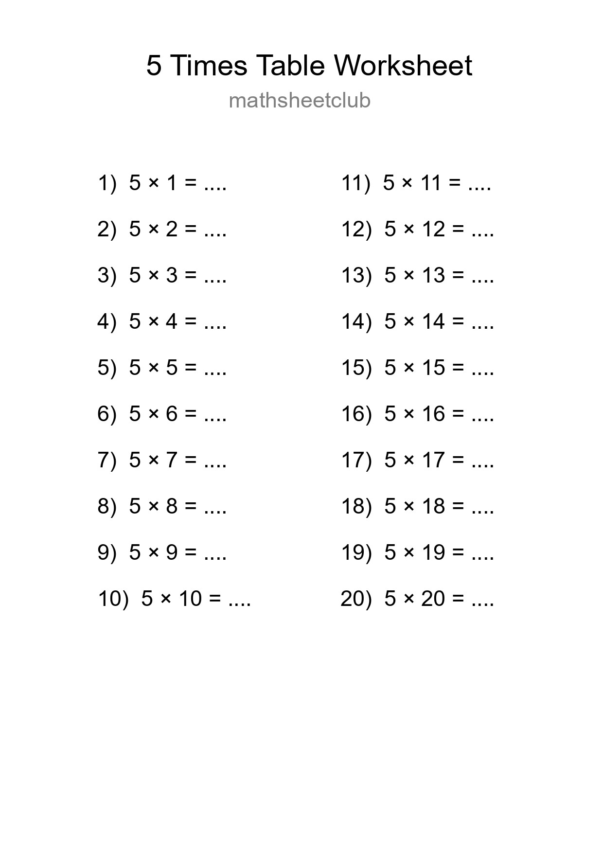 5 Times Table Worksheet For Grade 2 With Answers - Part 108