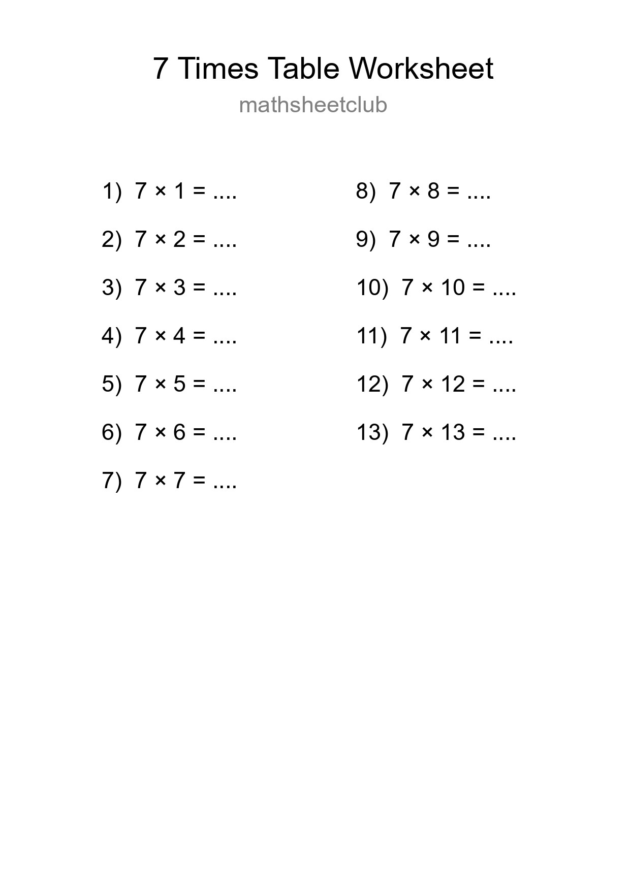7 Times Table Worksheet For Grade 3 - Part 174