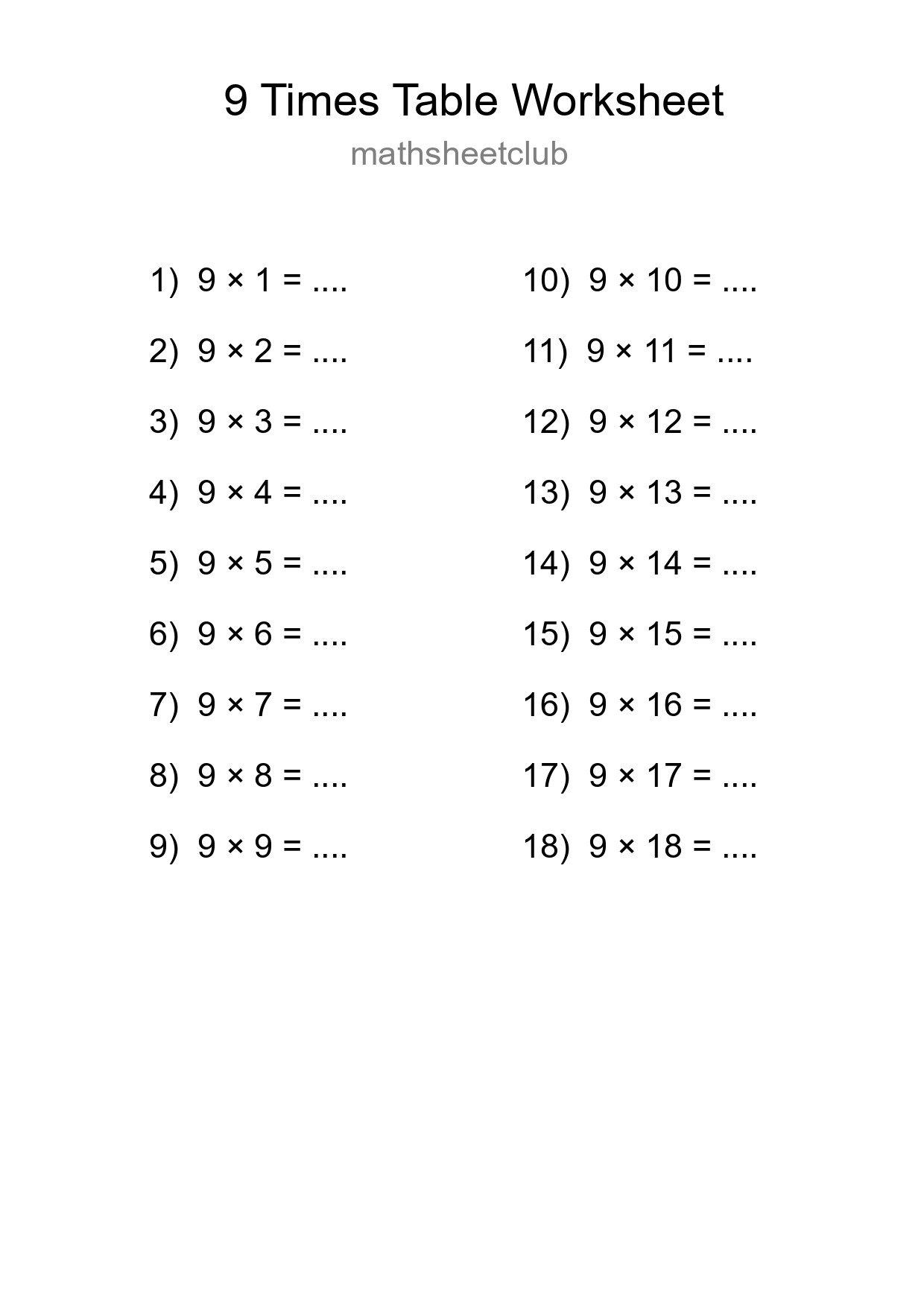 9 Times Table Worksheet For Grade 3 - Part 141
