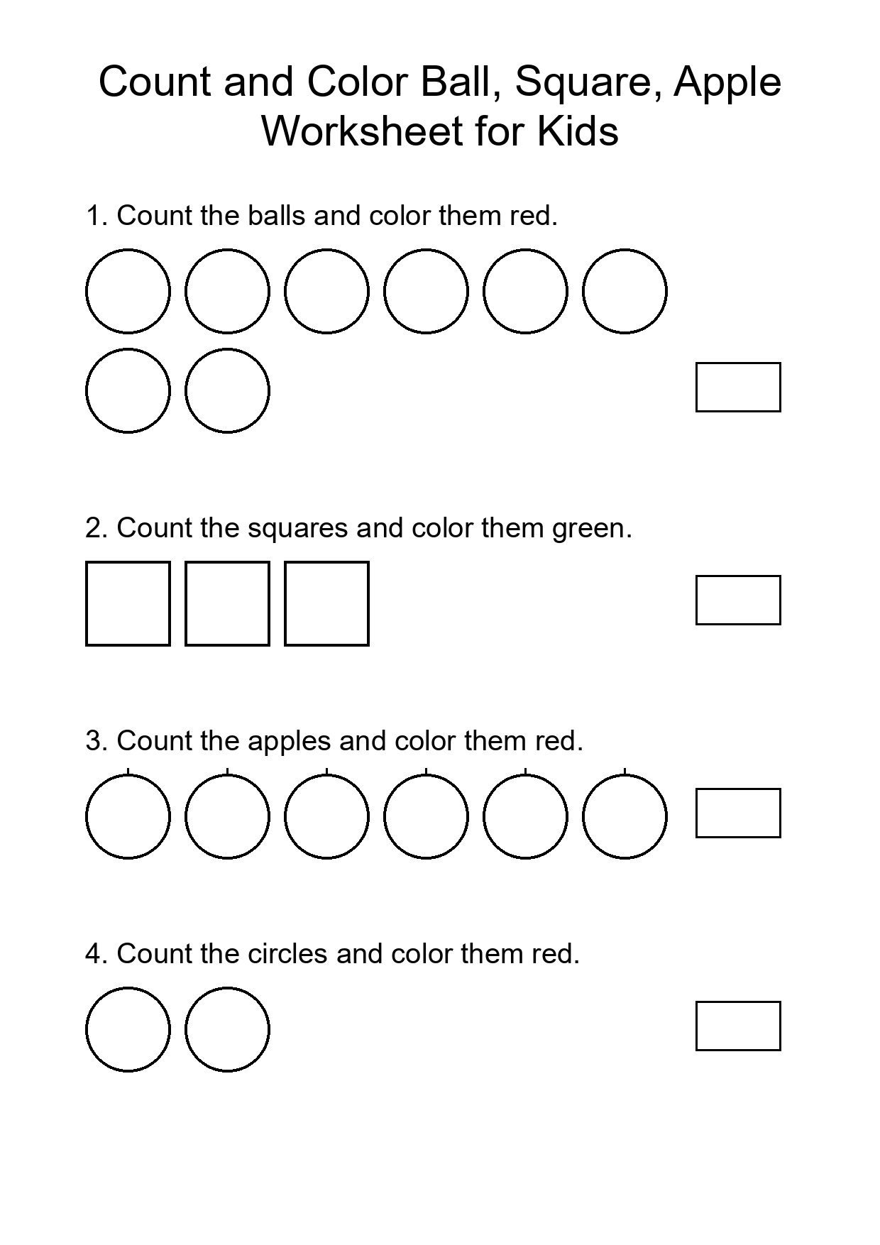 Count and Color Ball, Square, Apple Worksheet for Kids
