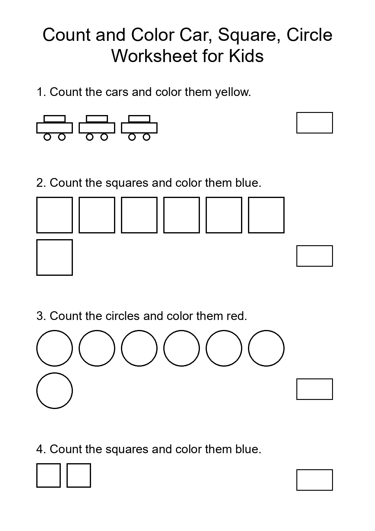 Count and Color Car, Square, Circle Worksheet for Kids