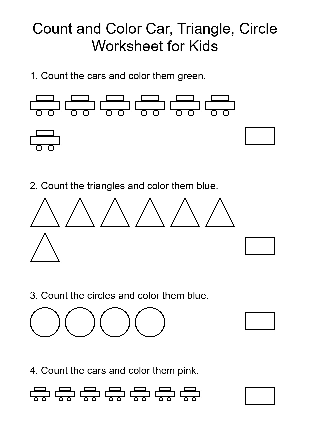 Count and Color Car, Triangle, Circle Worksheet for Kids