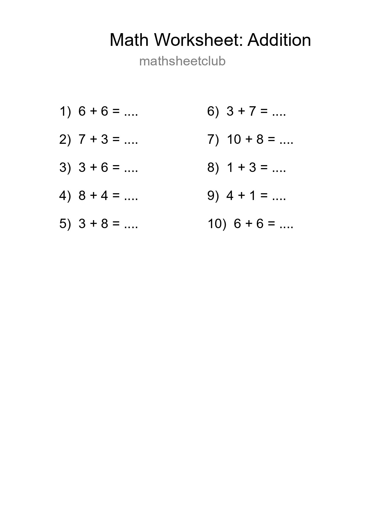 Free 10 Addition Math Worksheet For Grade 1 - Part 144