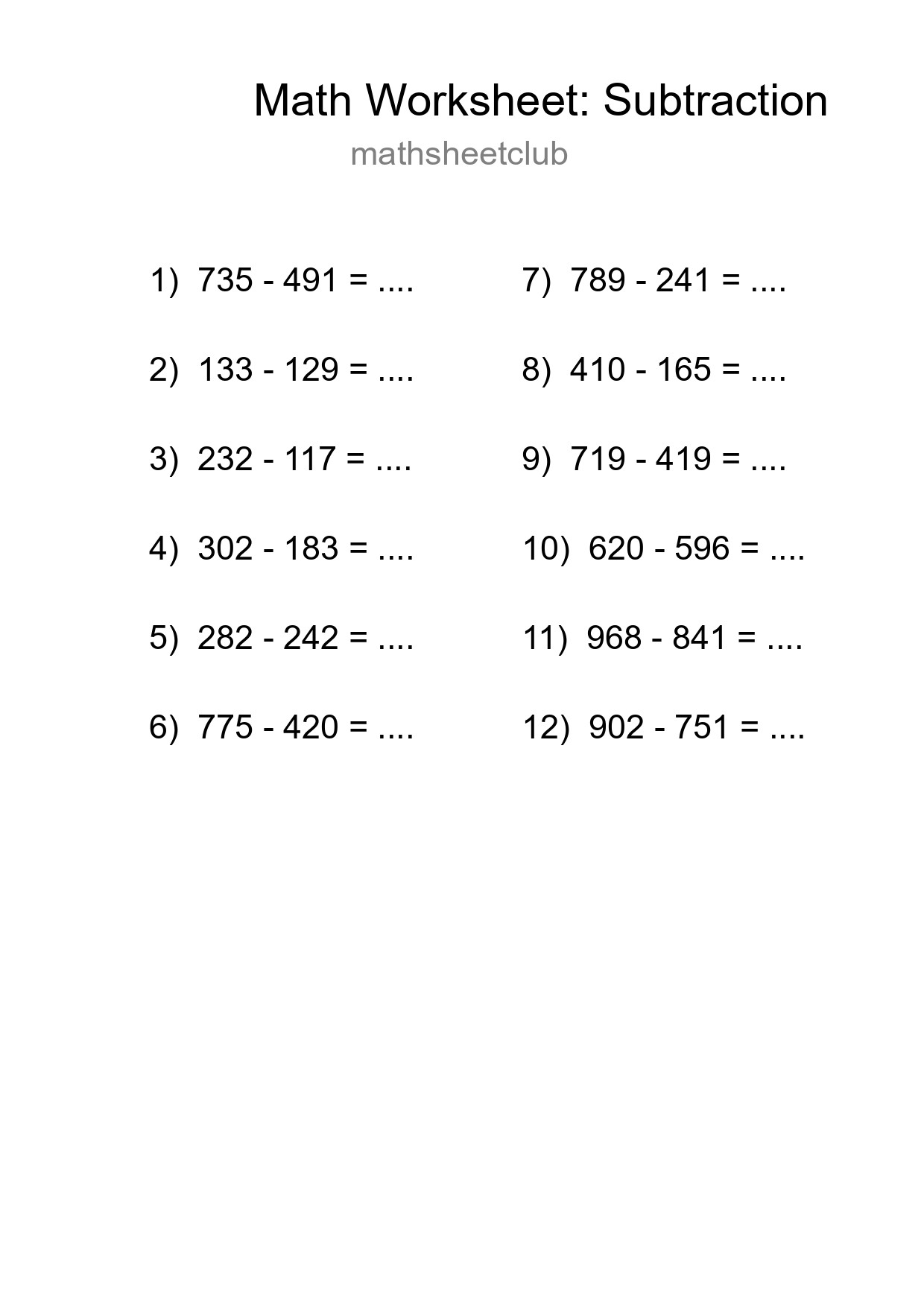 Free 12 Subtraction Math Worksheet For Grade 5 - Part 19