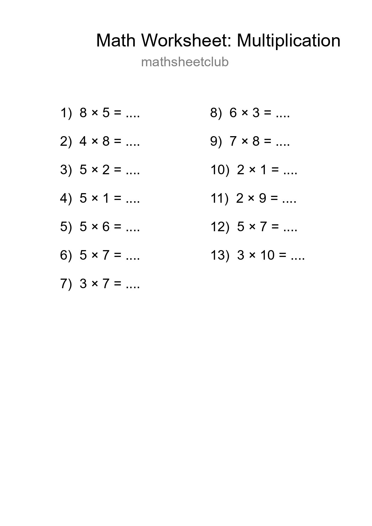 Free 13 Multiplication Math Worksheet For Grade 1 With Answers - Part 172