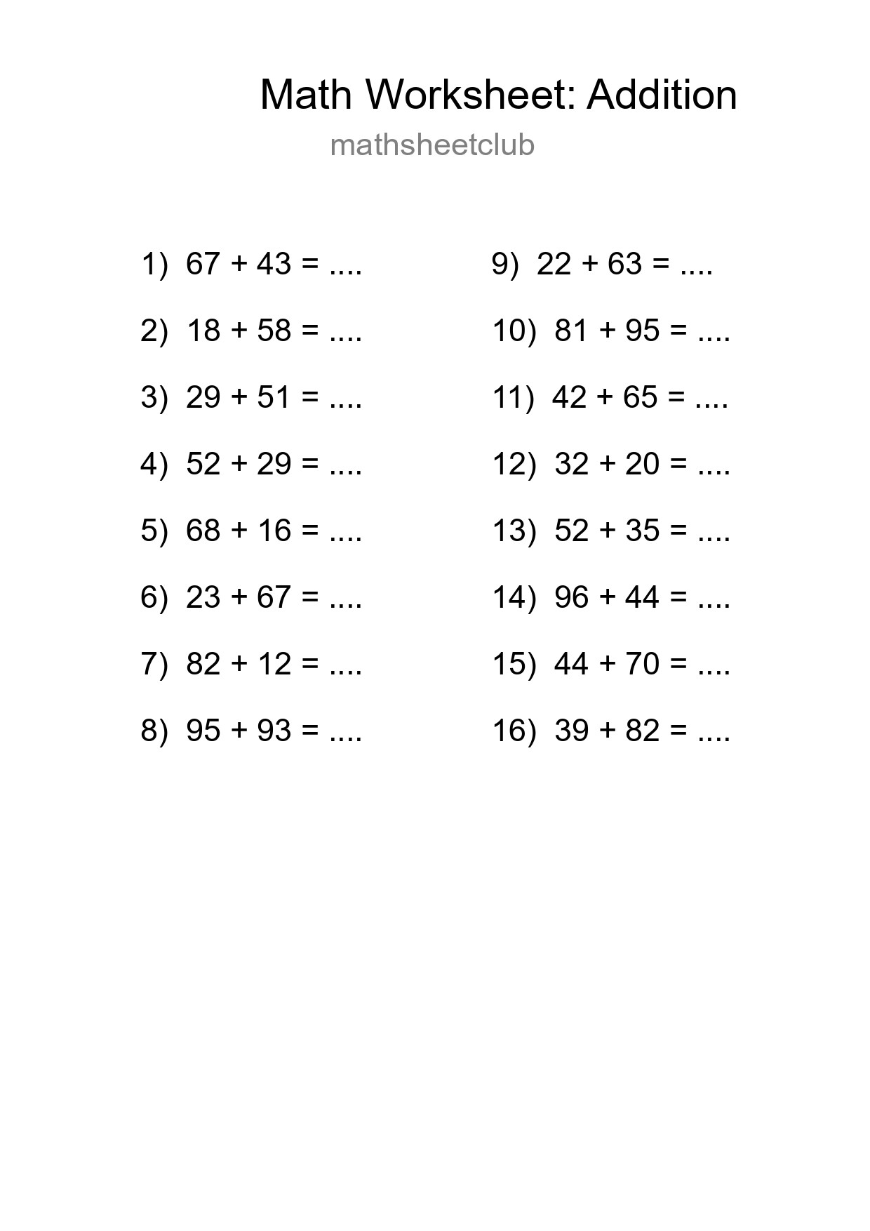 Free 16 Addition Math Worksheet For Grade 3 With Answers - Part 89