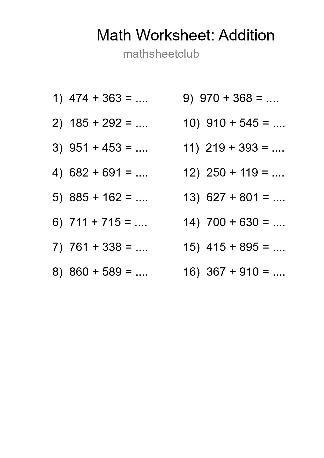 Free 16 Addition Math Worksheet For Grade 5 - Part 155