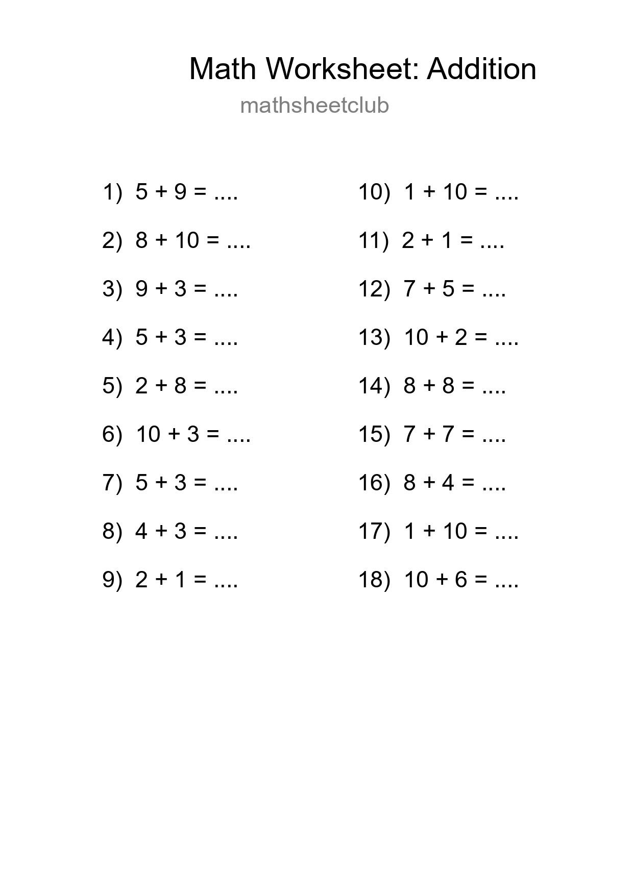 Free 18 Addition Math Worksheet For Grade 1 With Answers - Part 177