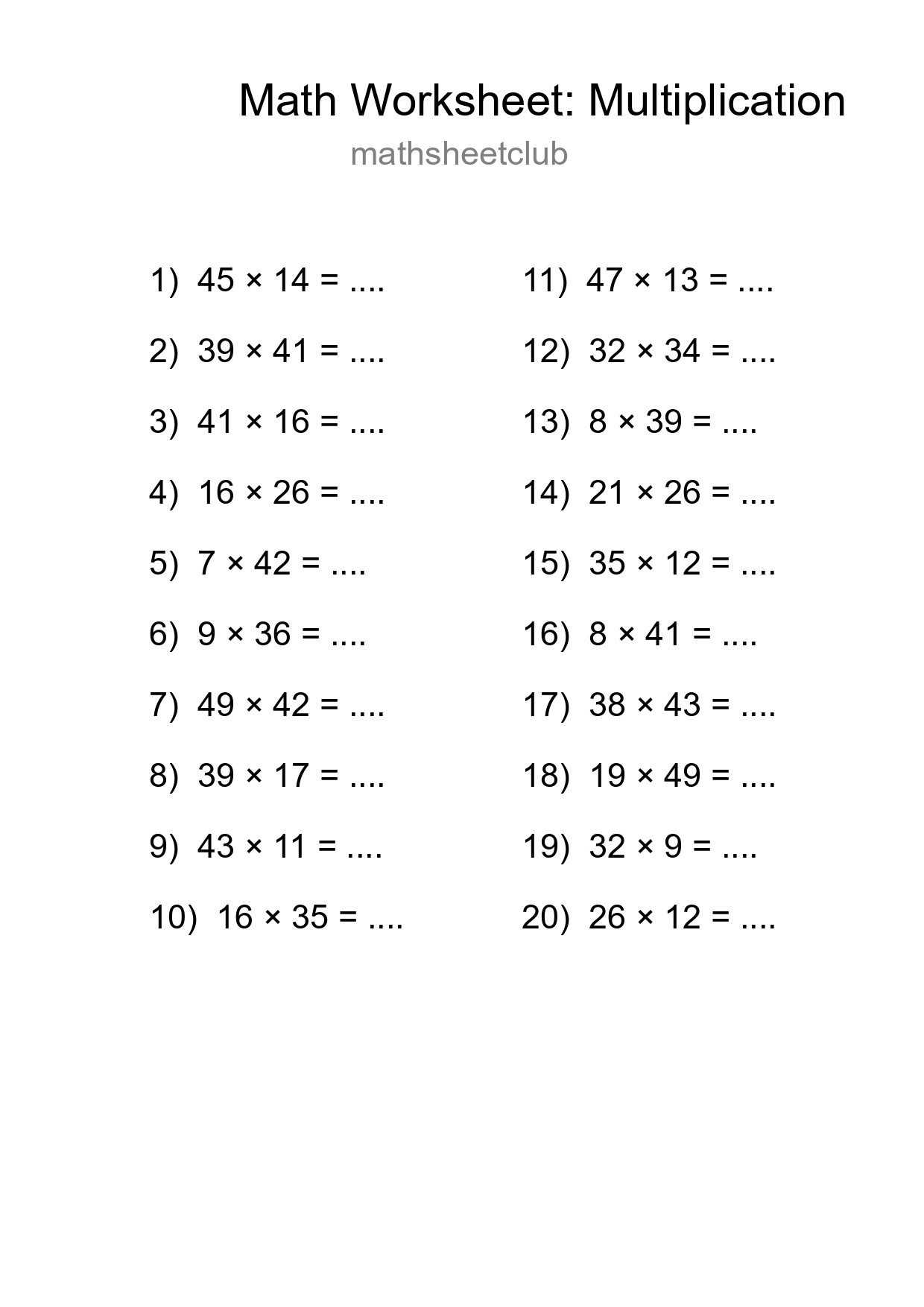 Free 20 Multiplication Math Worksheet For Grade 2 With Answers - Part 183