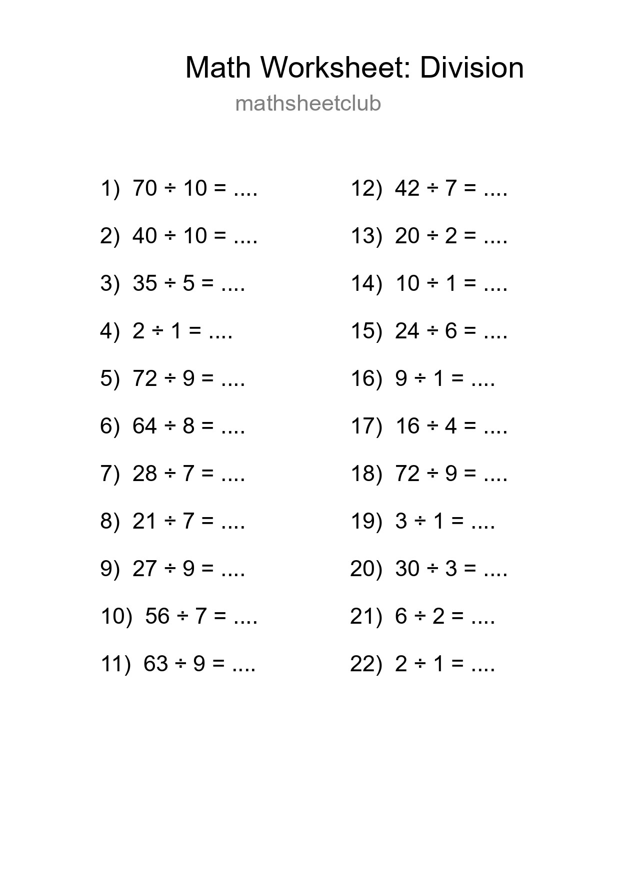 Free 22 Division Math Worksheet For Grade 1 With Answers - Part 125