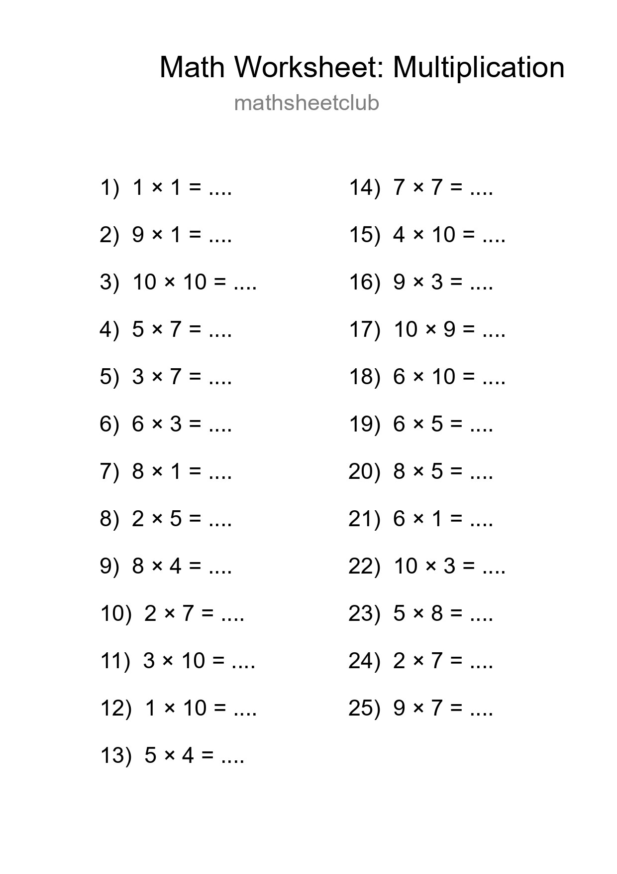 Free 25 Multiplication Math Worksheet For Grade 1 With Answers - Part 18