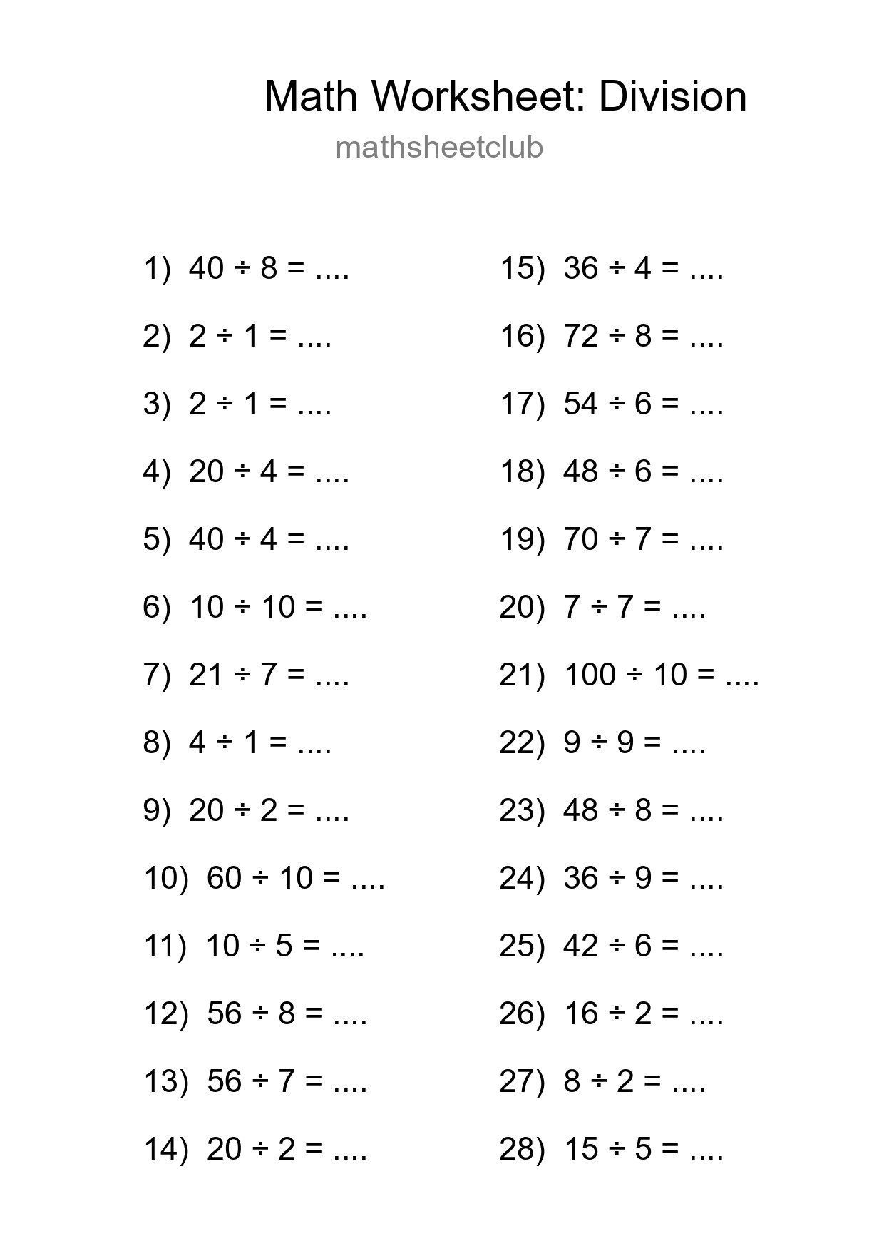 Free 28 Division Math Worksheet For Grade 1 With Answers - Part 213