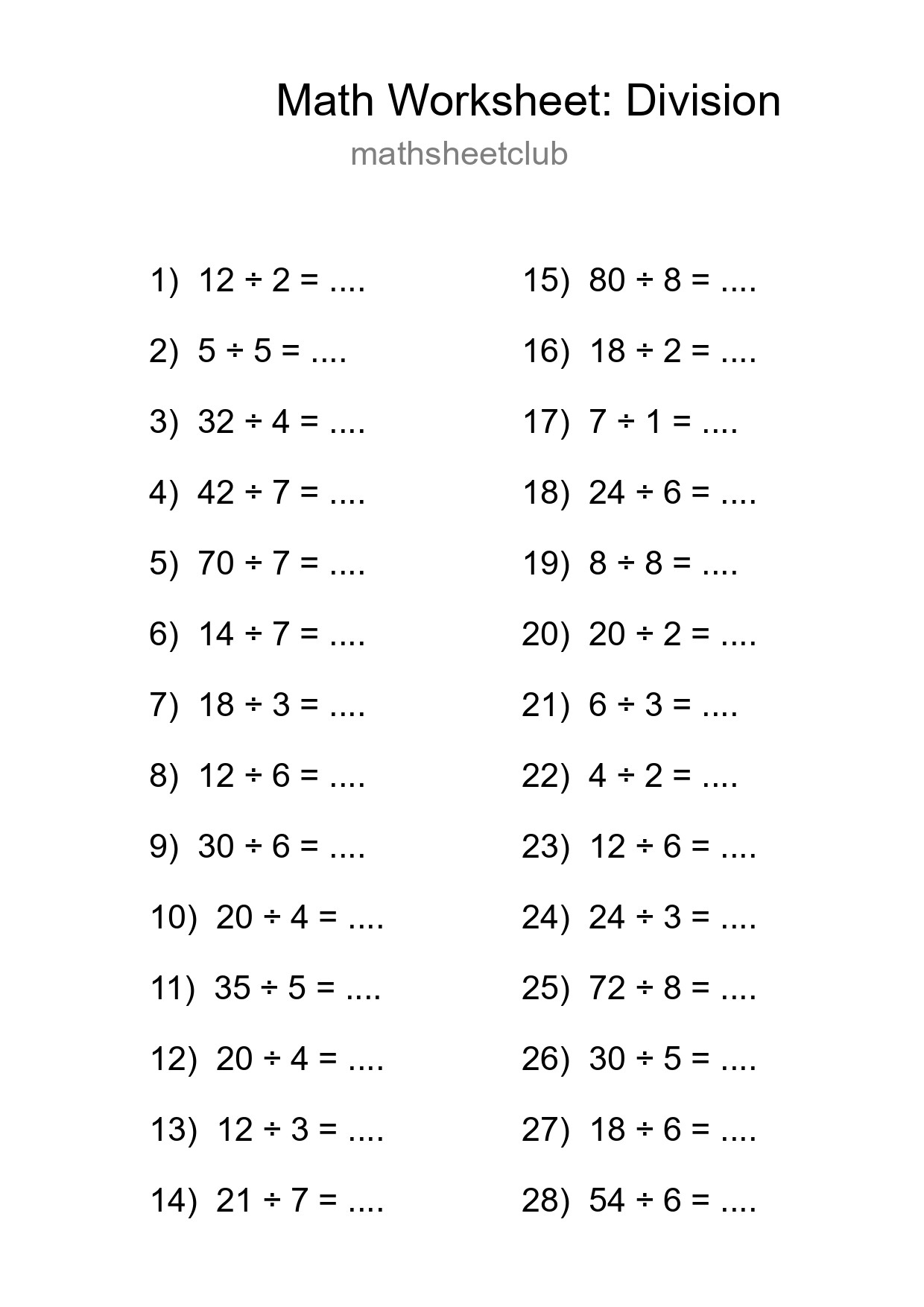Free 28 Division Math Worksheet For Grade 1 With Answers - Part 224