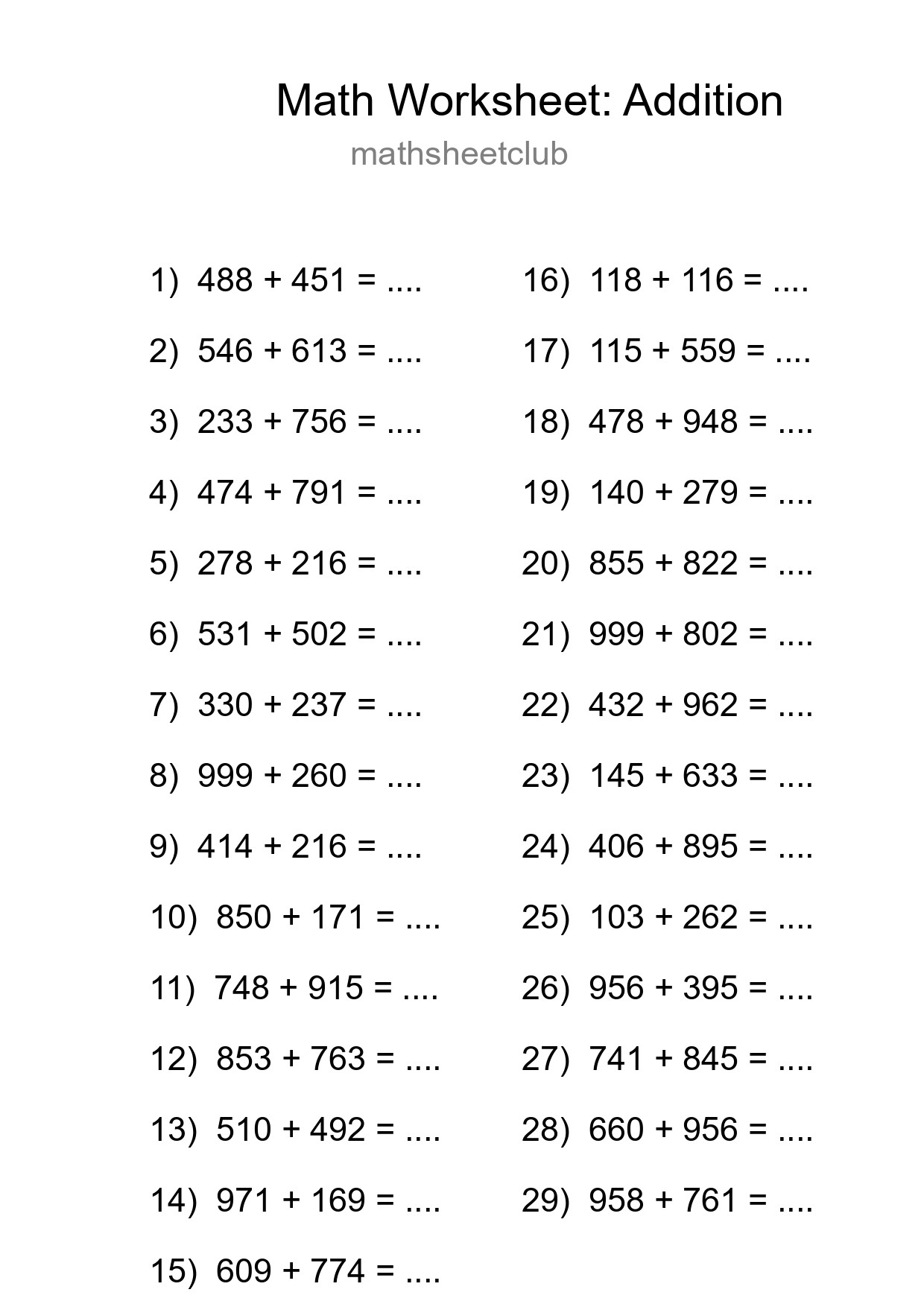 Free 29 Addition Math Worksheet For Grade 5 - Part 232