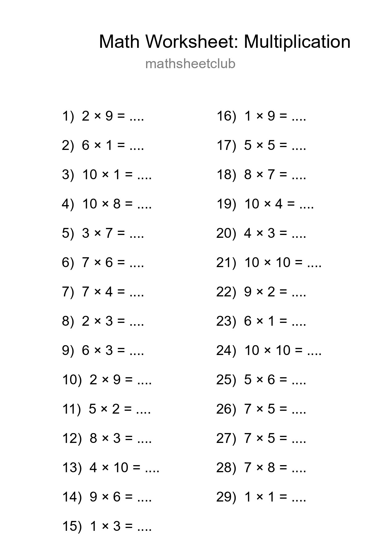 Free 29 Multiplication Math Worksheet For Grade 1 - Part 128