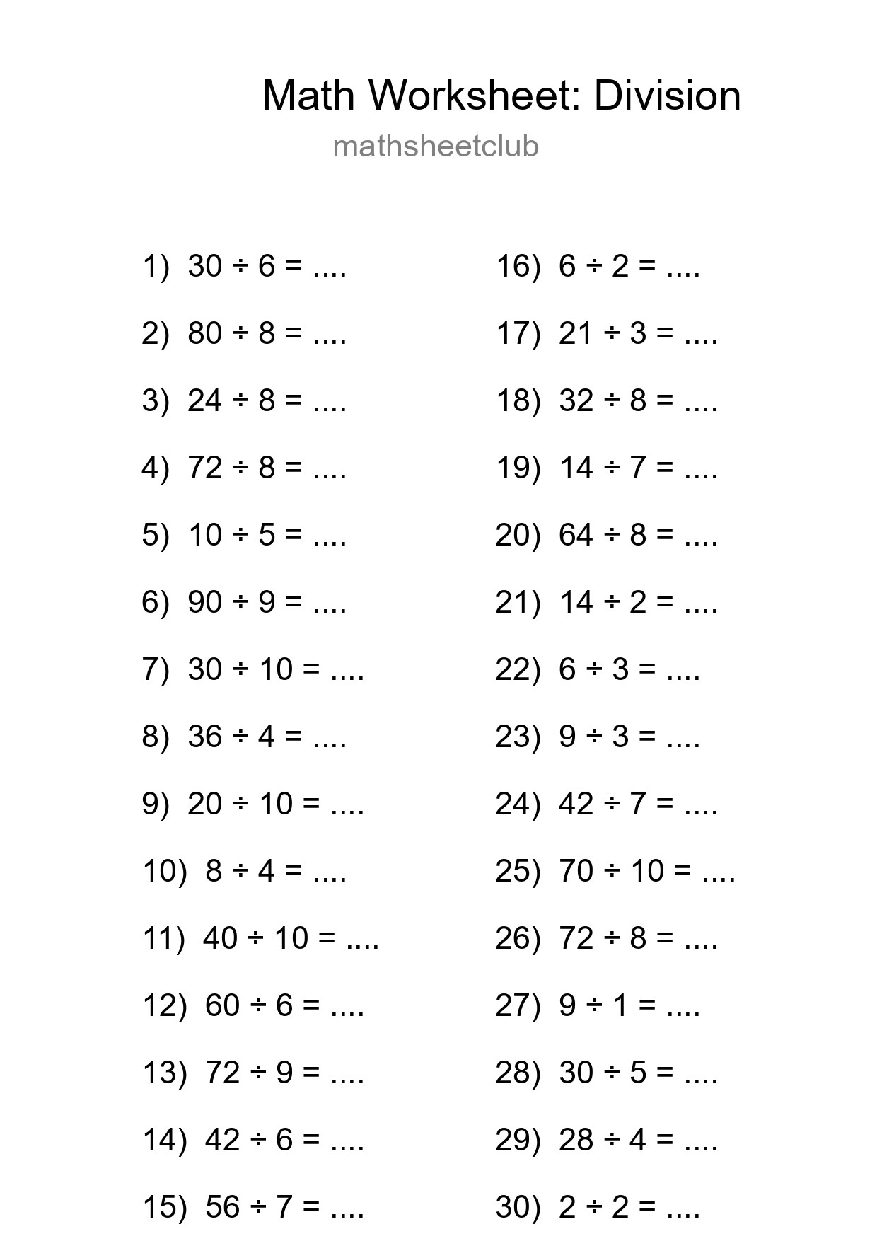 Free 30 Division Math Worksheet For Grade 1 With Answers - Part 59