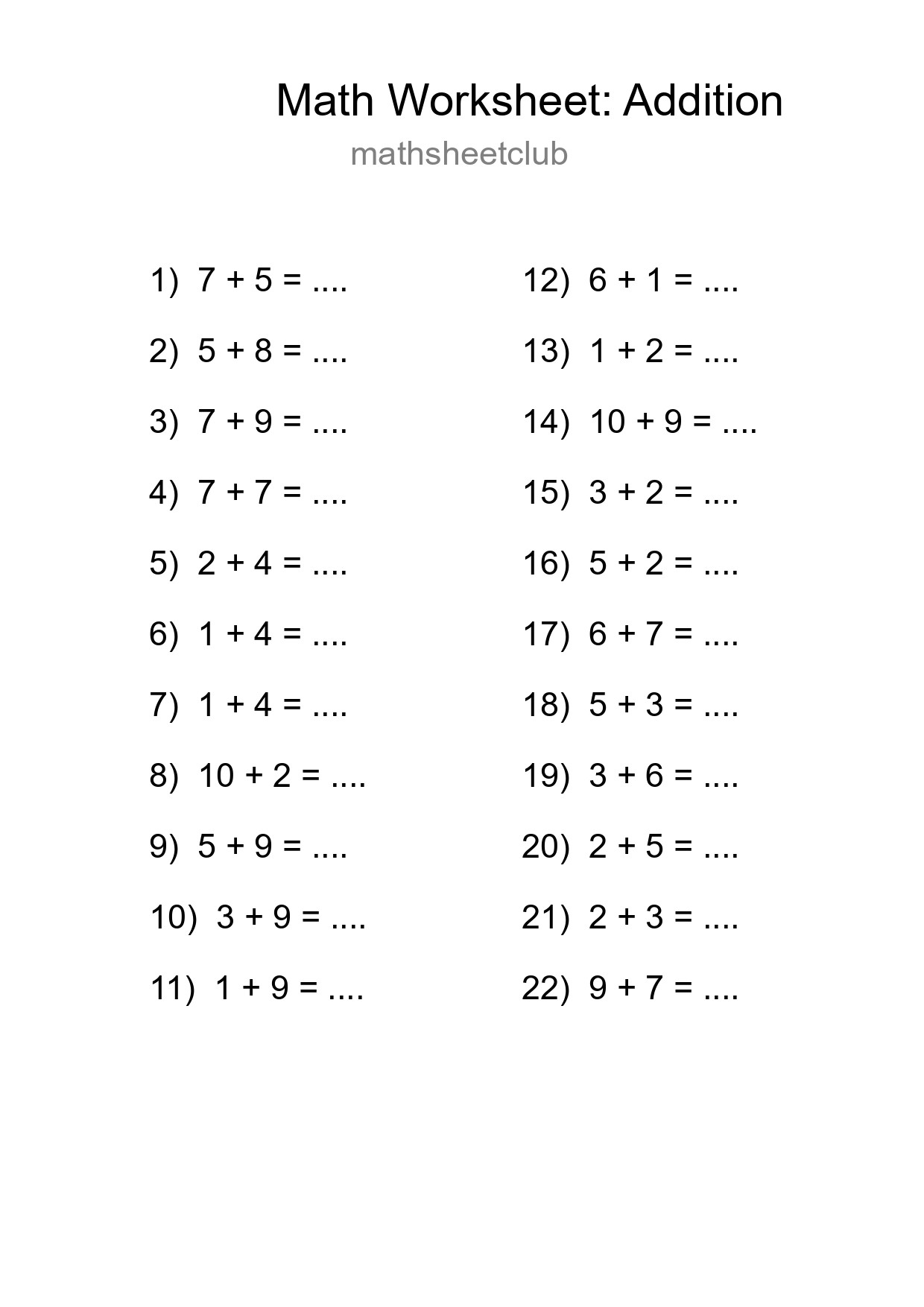 Grade 1 Addition Practice Worksheet (22 Problems) - Part 12