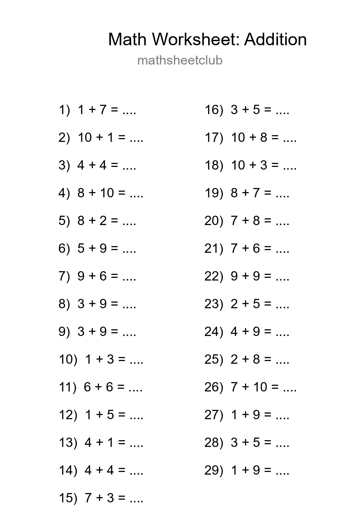 Grade 1 Addition Practice Worksheet (29 Problems) - Part 111