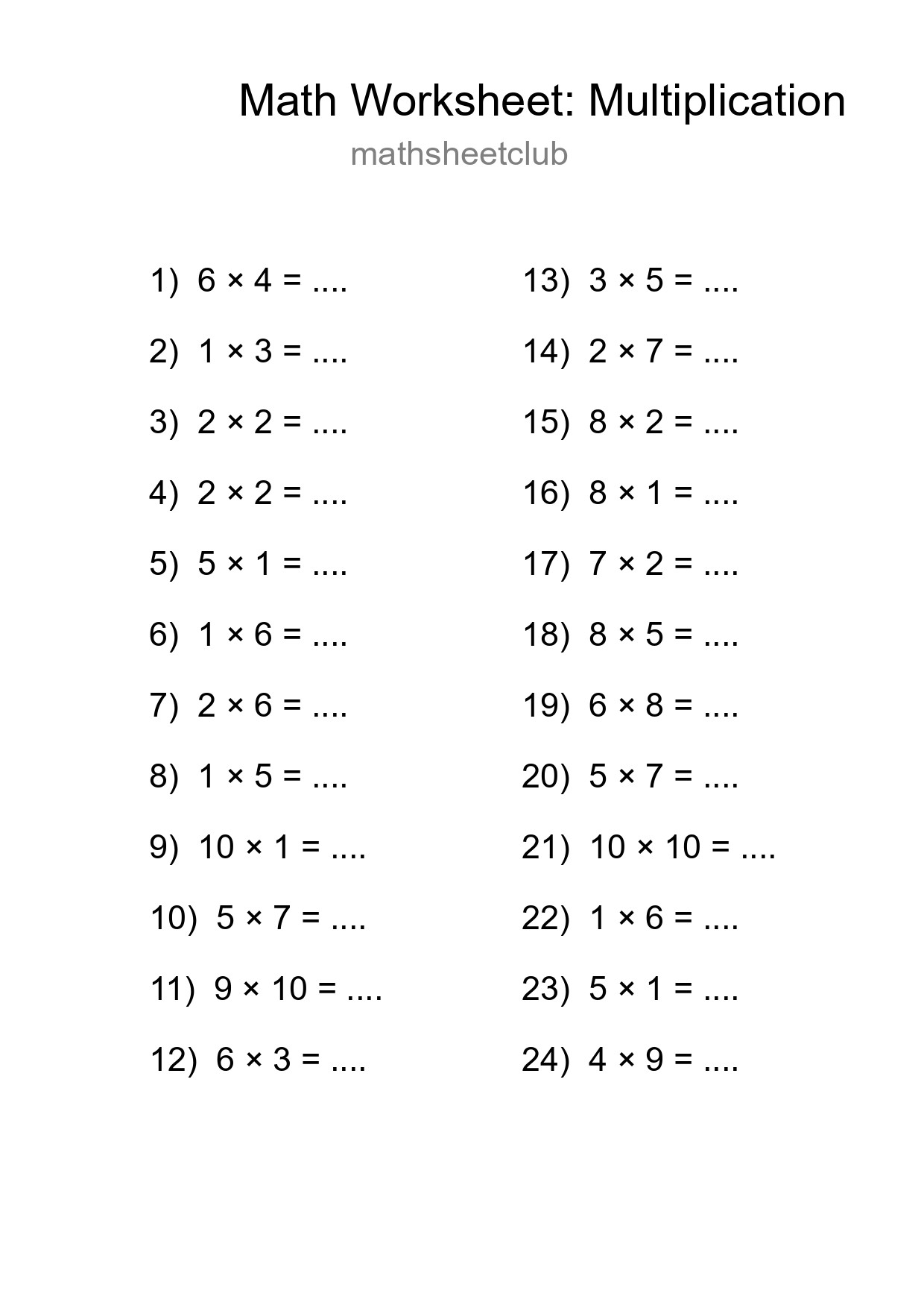 Grade 1 Multiplication Practice Worksheet (24 Problems) - Part 161