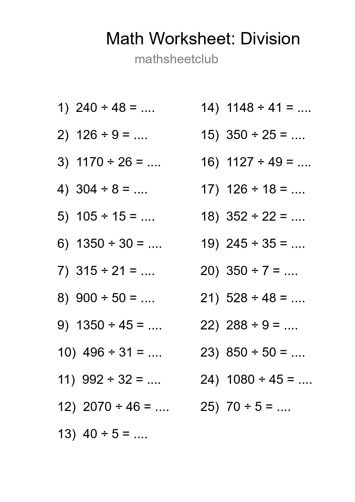Grade 2 Division Practice Worksheet (25 Problems) - Part 246