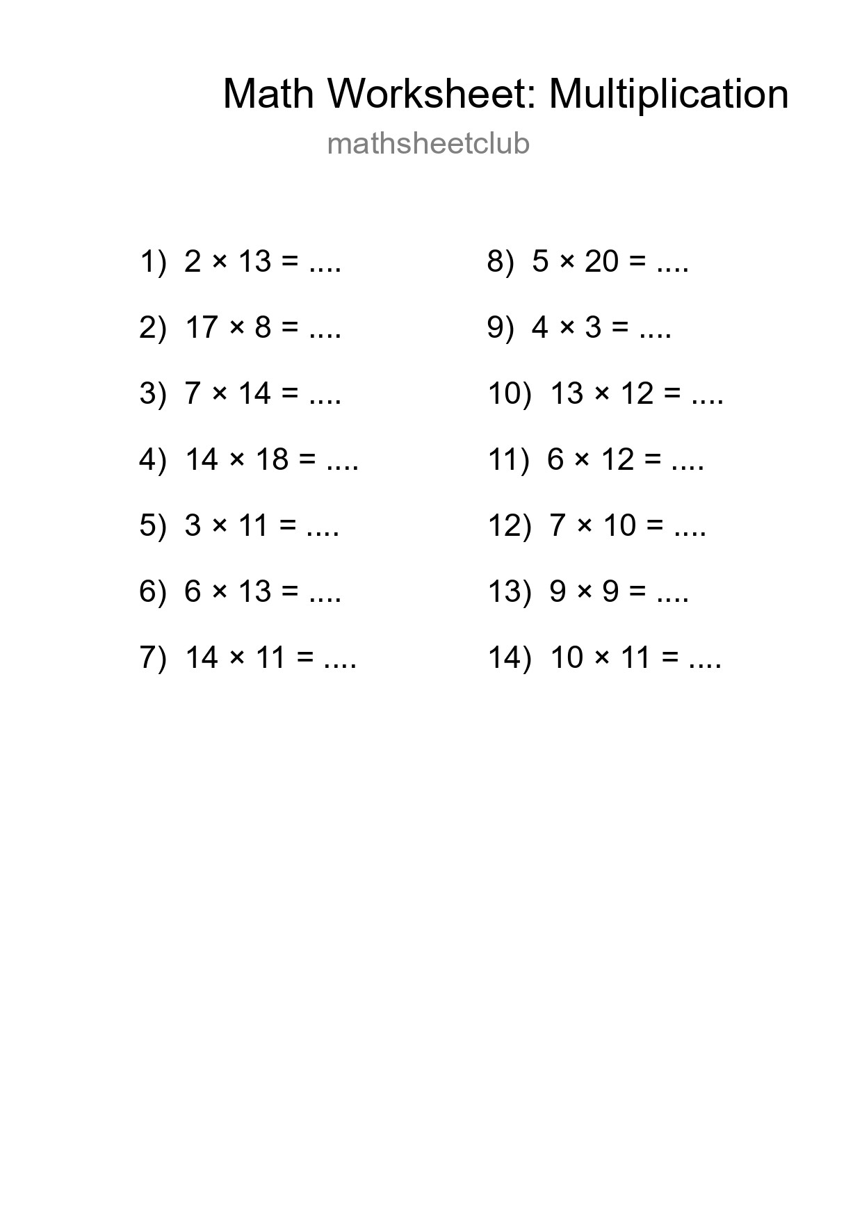 Grade 2 Multiplication Practice Worksheet (14 Problems) - Part 84