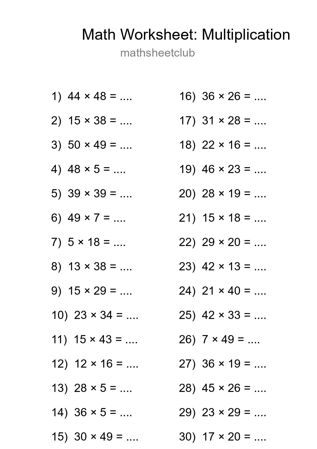 Grade 2 Multiplication Practice Worksheet (30 Problems) - Part 249
