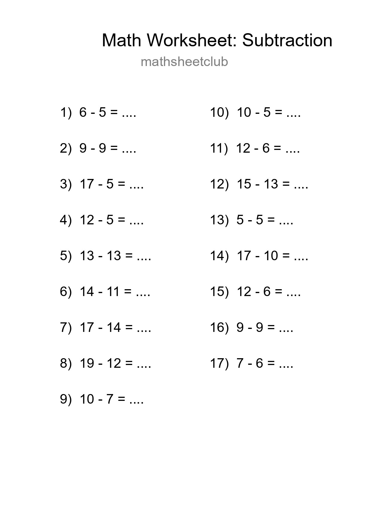 Grade 2 Subtraction Practice Worksheet (17 Problems) - Part 239