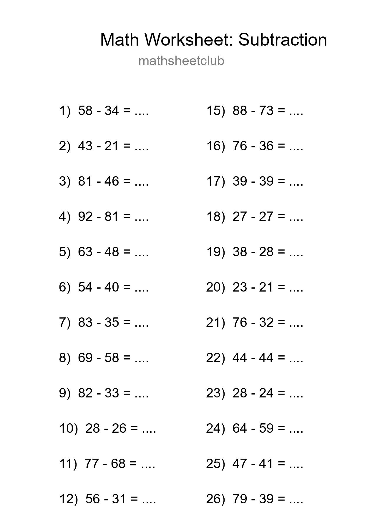 Grade 3 Subtraction Practice Worksheet (28 Problems) - Part 184