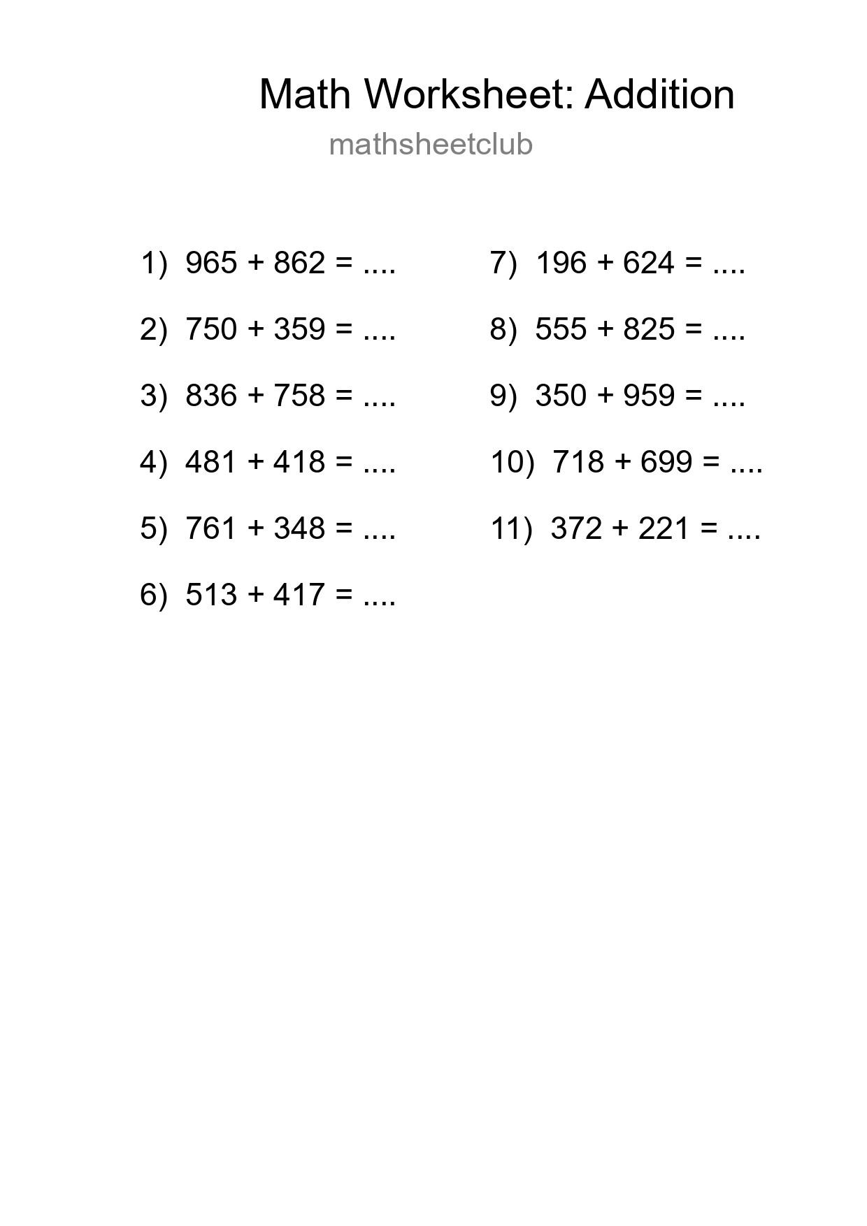 Grade 5 Addition Practice Worksheet (11 Problems) - Part 188