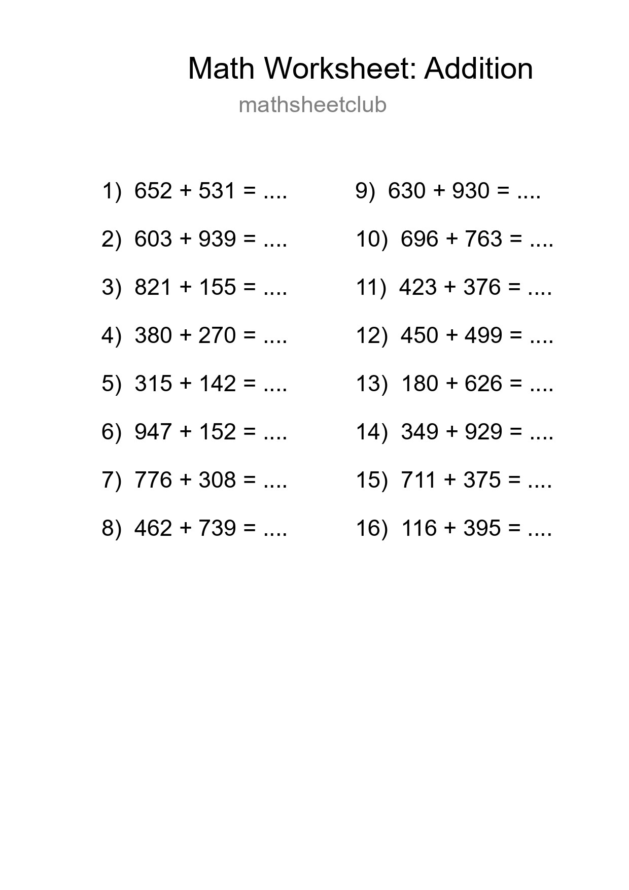 Grade 5 Addition Practice Worksheet (16 Problems) - Part 133