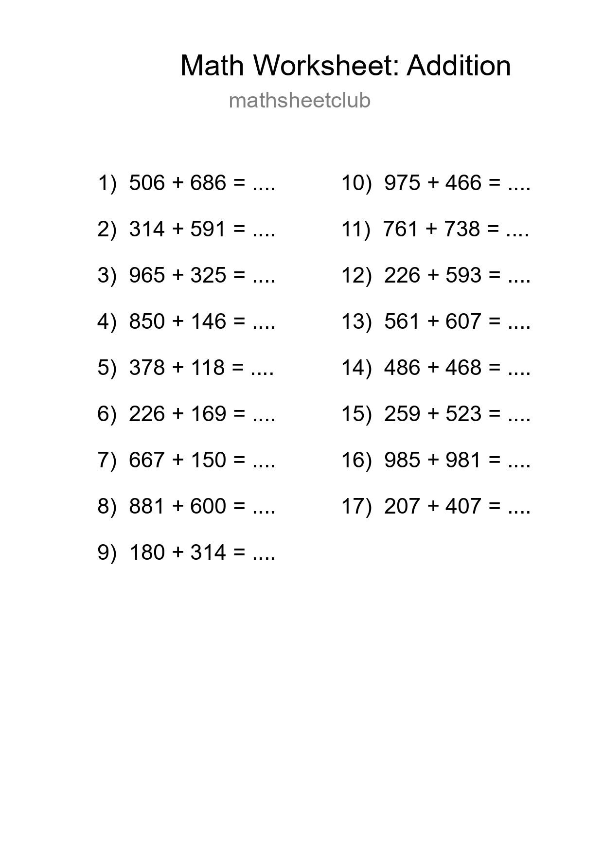 Grade 5 Addition Practice Worksheet (17 Problems) - Part 221