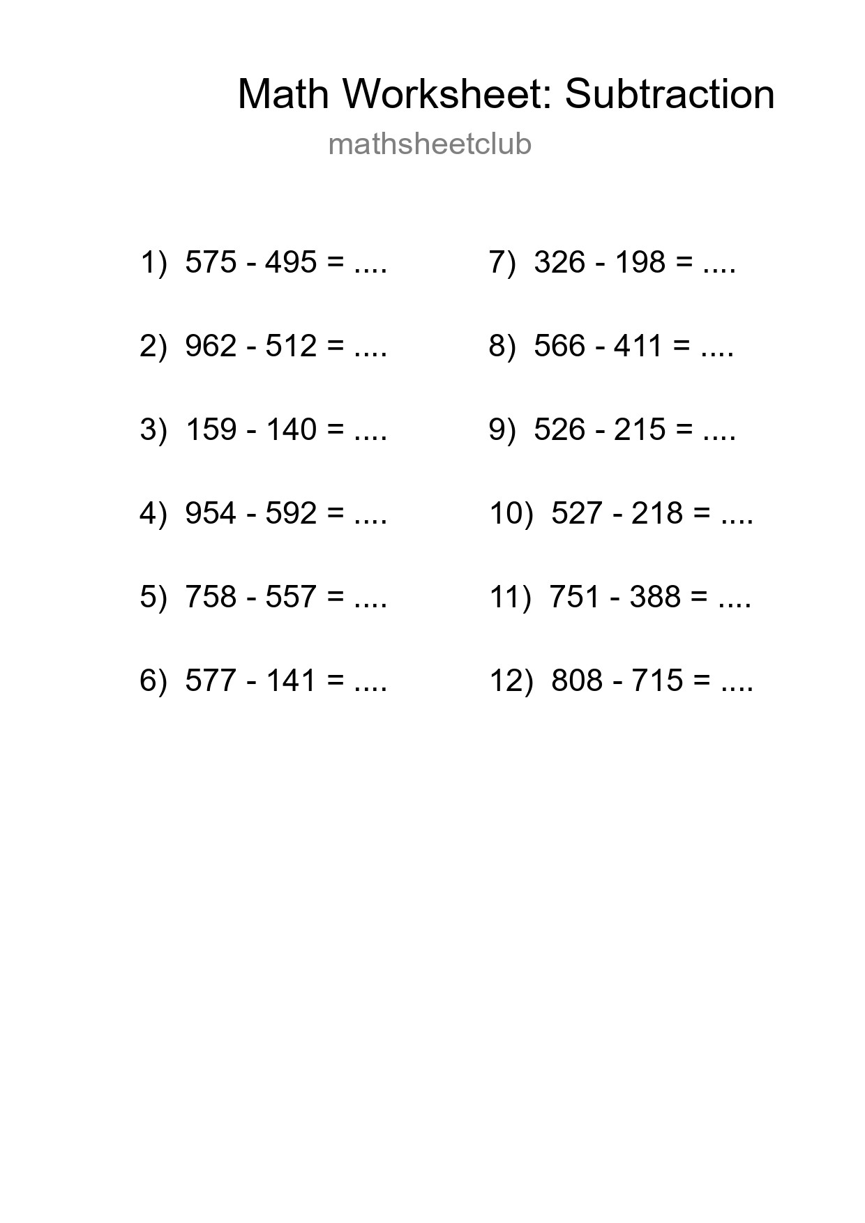 Grade 5 Subtraction Practice Worksheet (12 Problems) - Part 118