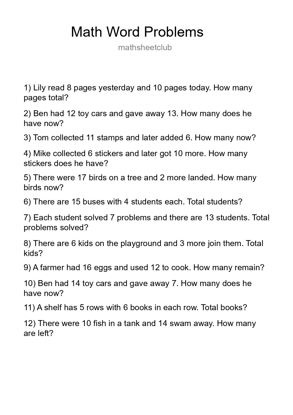 Math Word Problem Worksheet