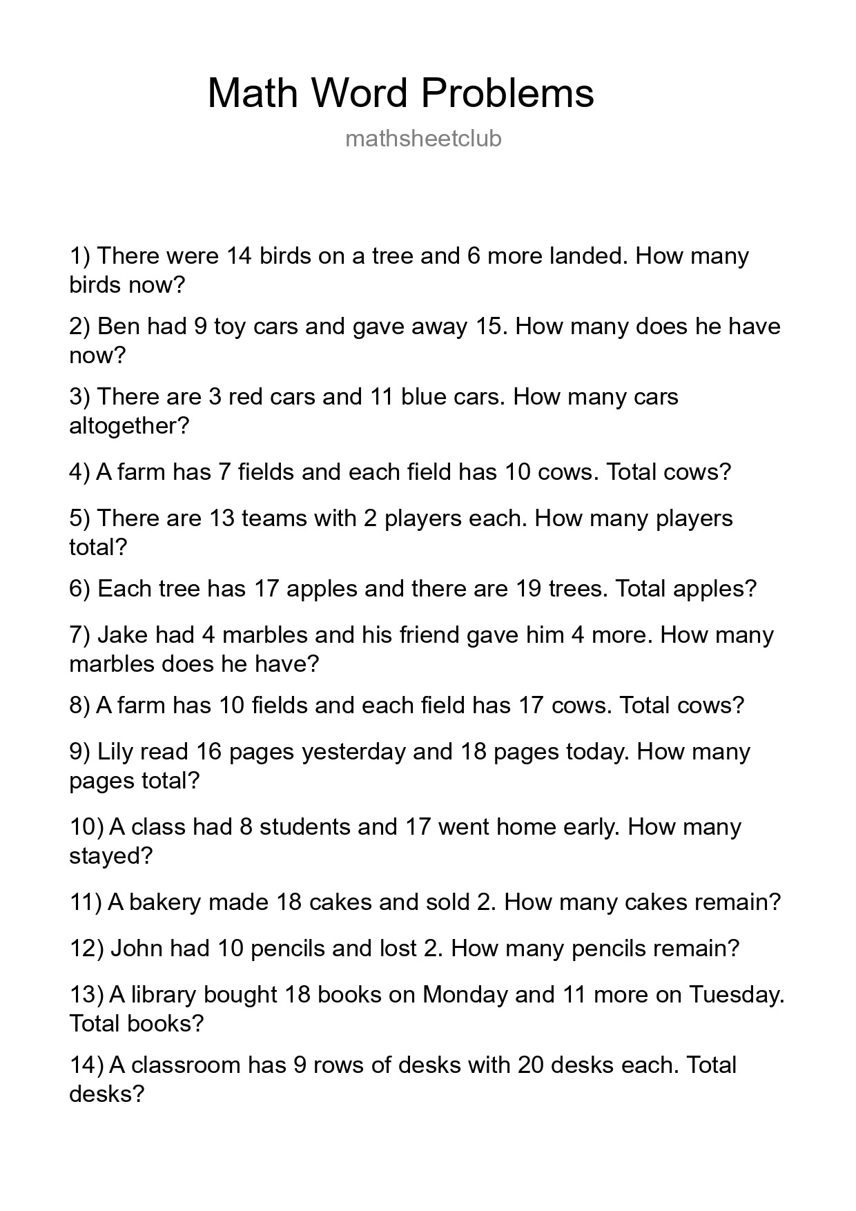 Math Word Problem Worksheet