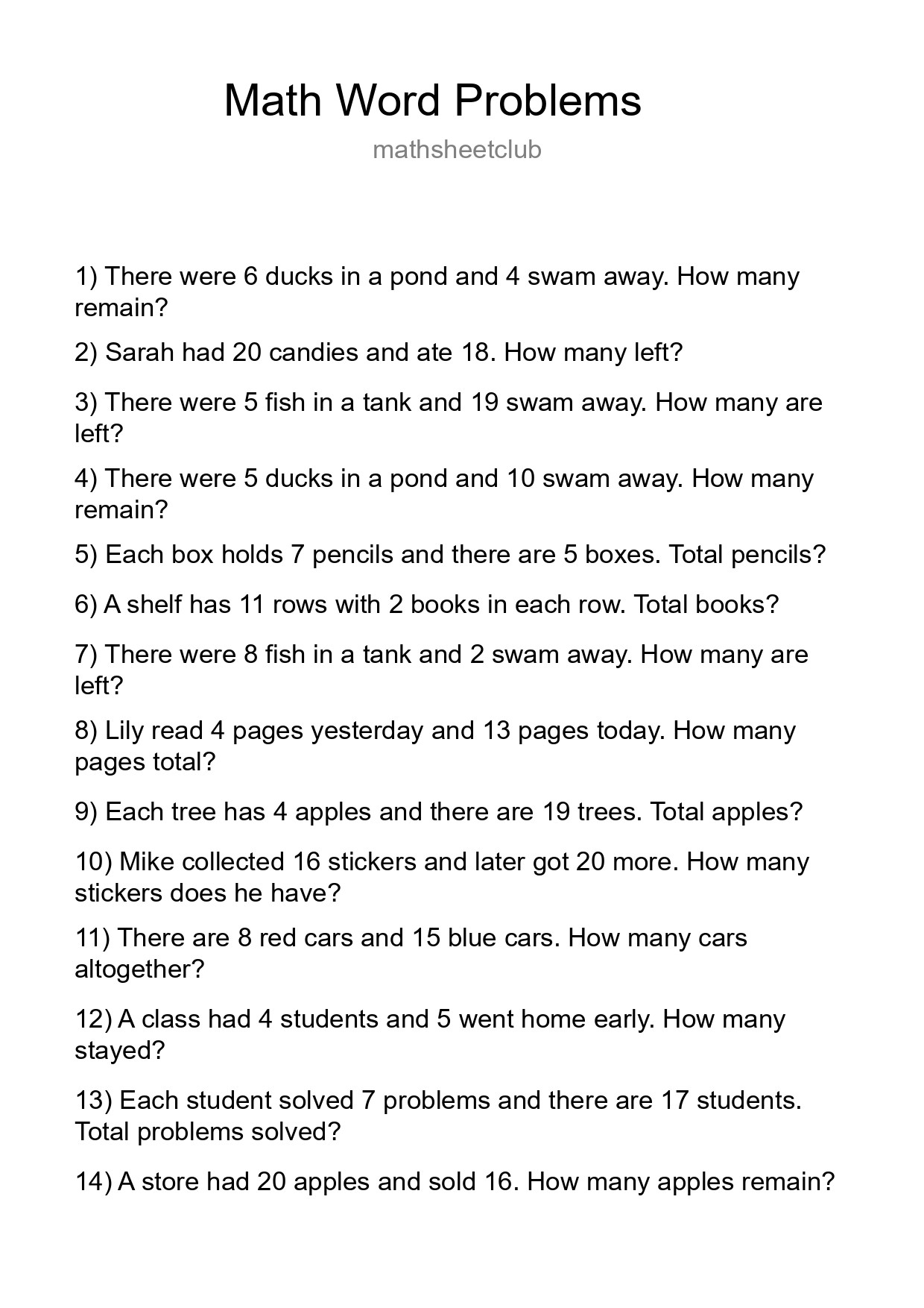 Math Word Problem Worksheet