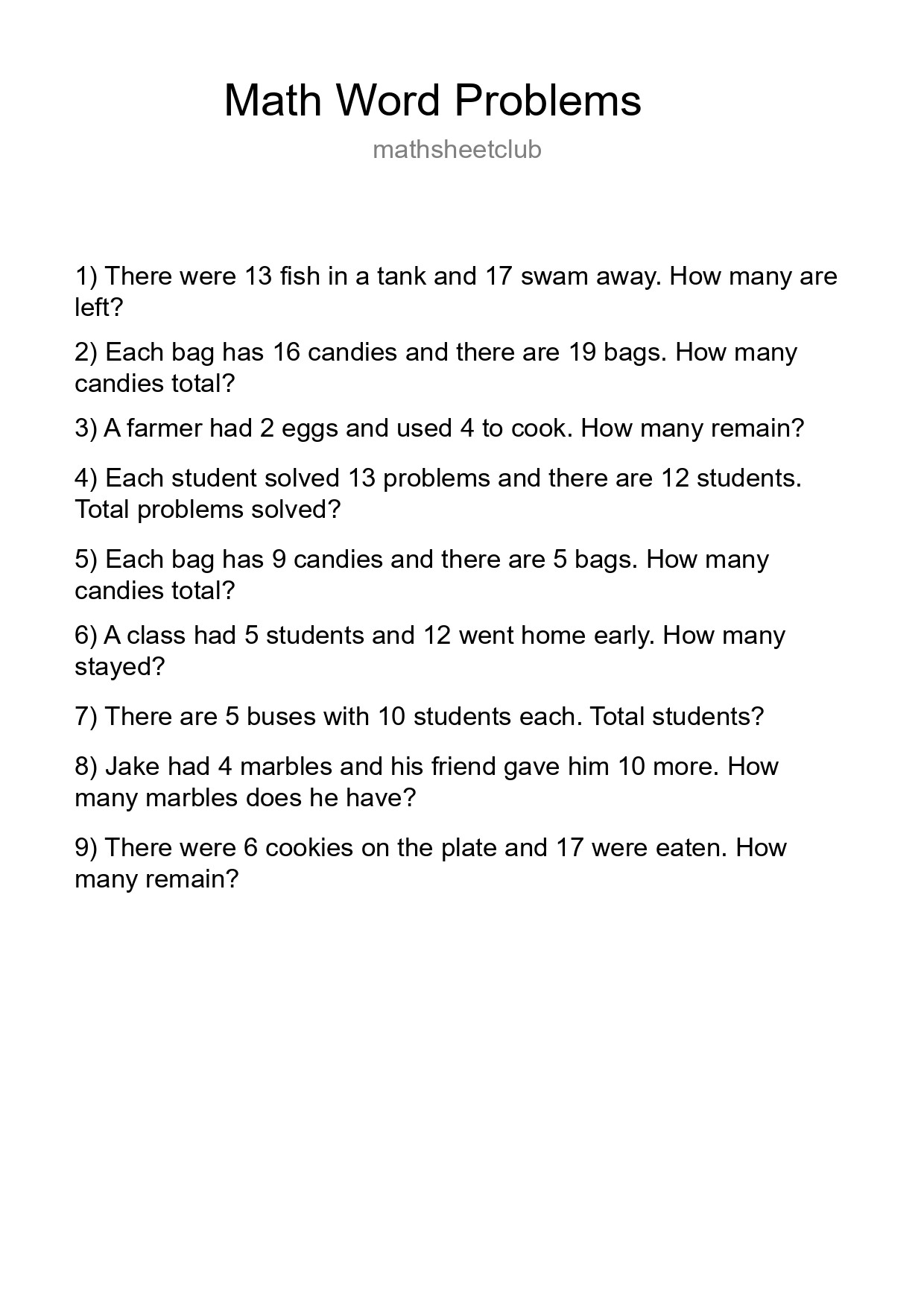 Math Word Problem Worksheet