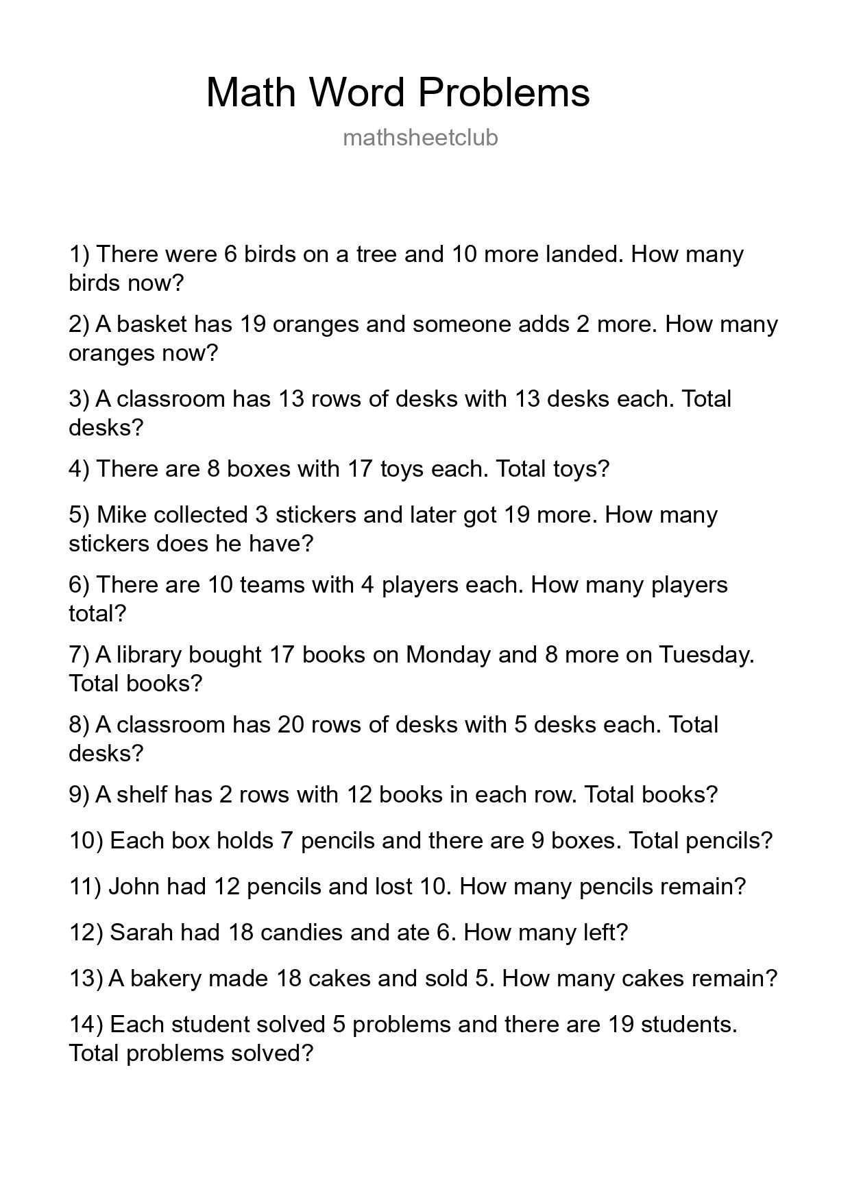 Math Word Problem Worksheet