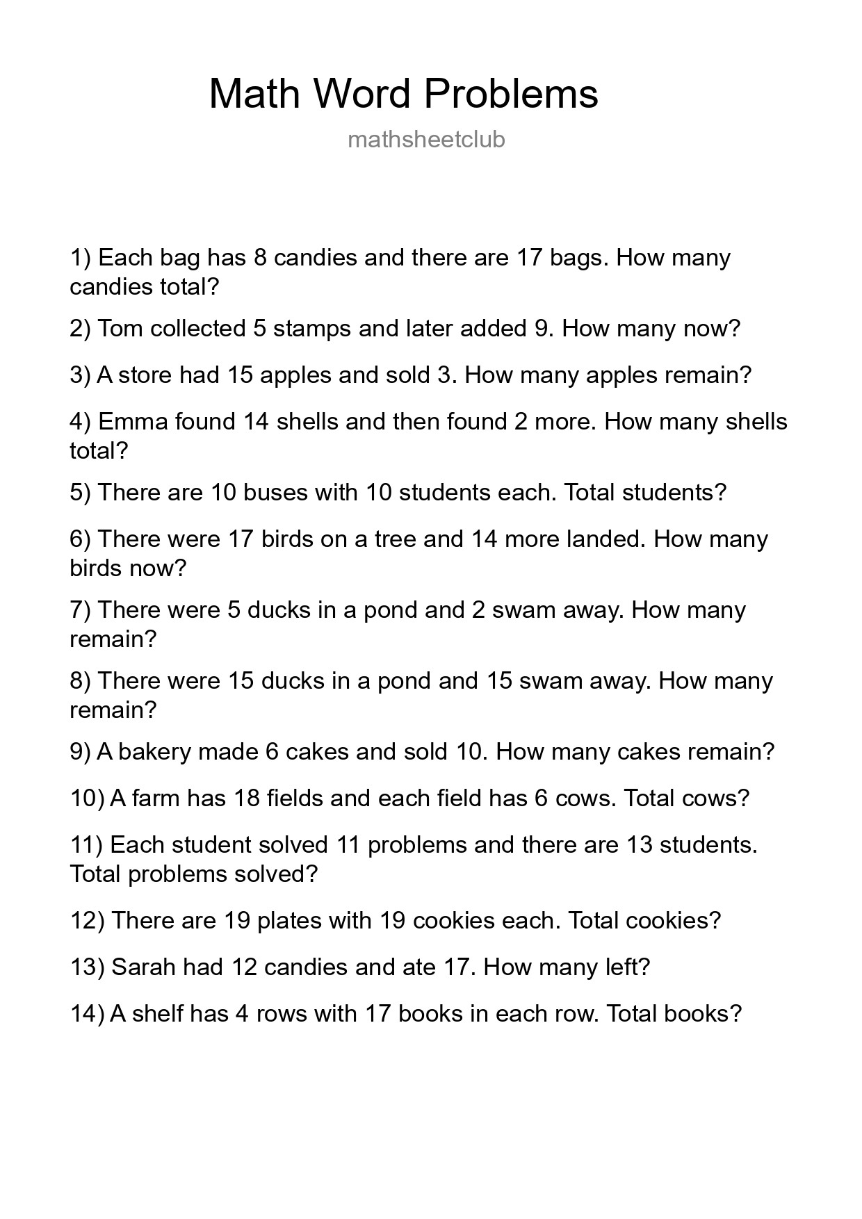 Math Word Problem Worksheet