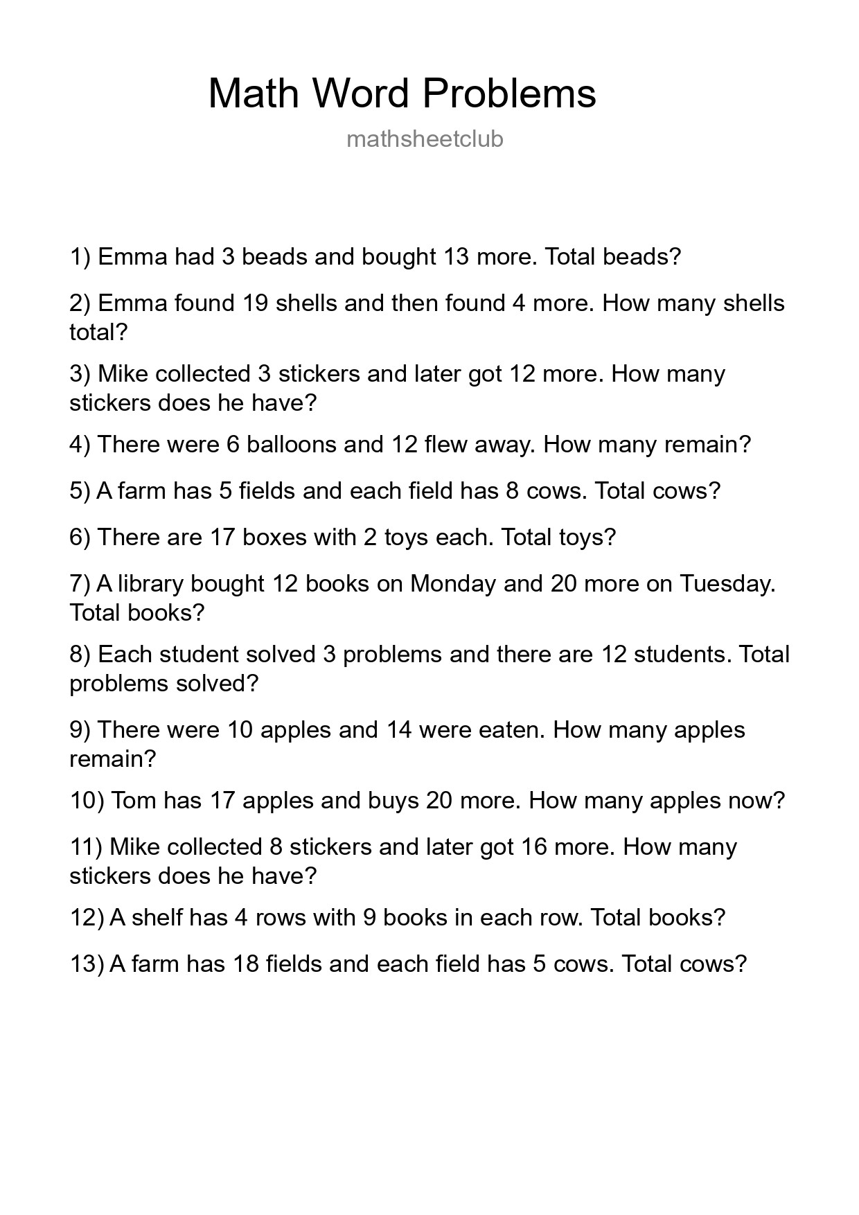 Math Word Problem Worksheet