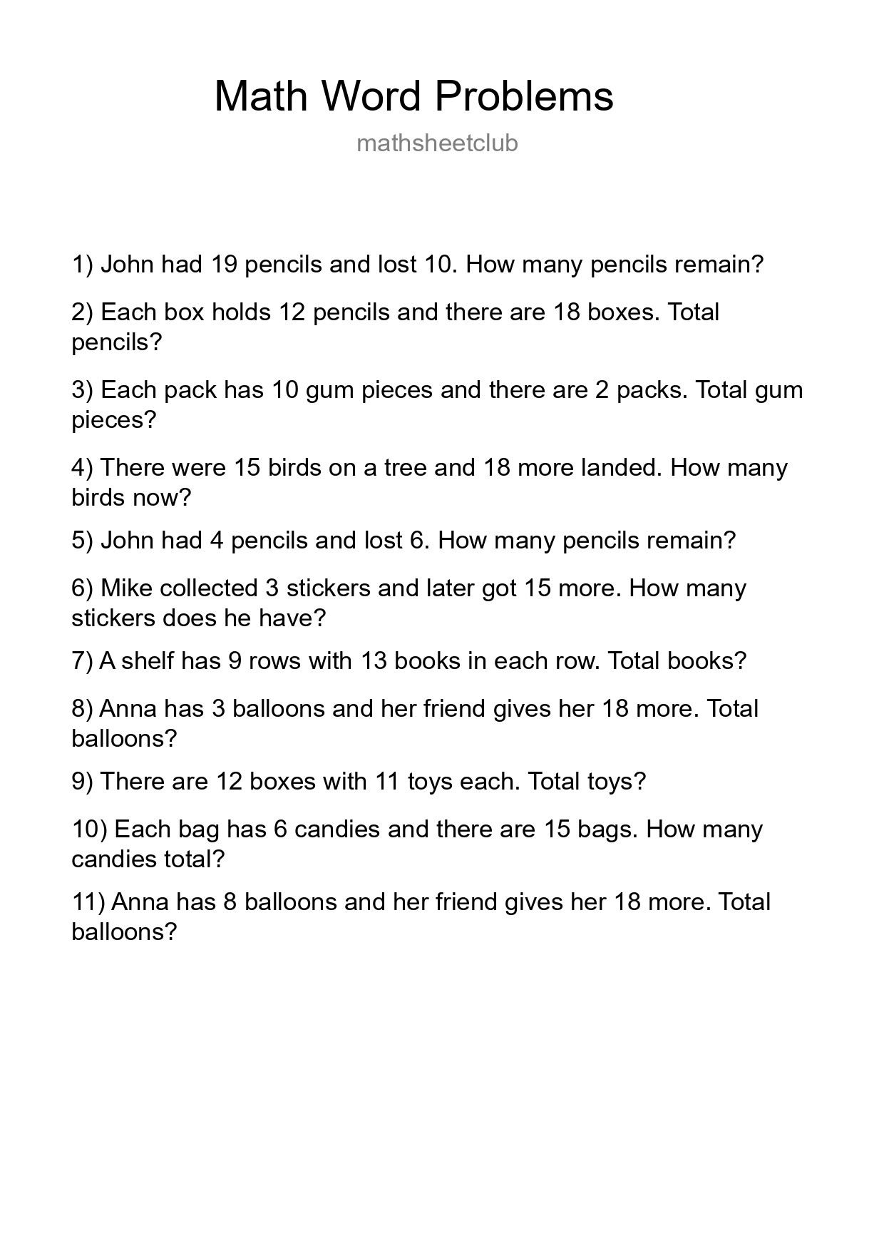 Math Word Problem Worksheet