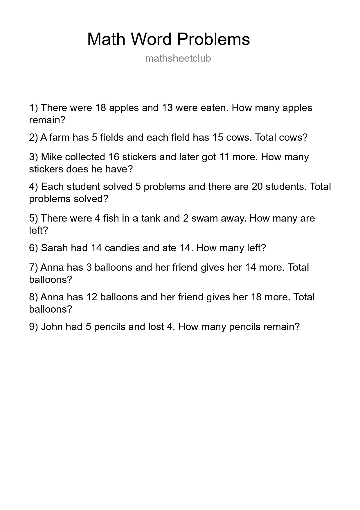 Math Word Problem Worksheet