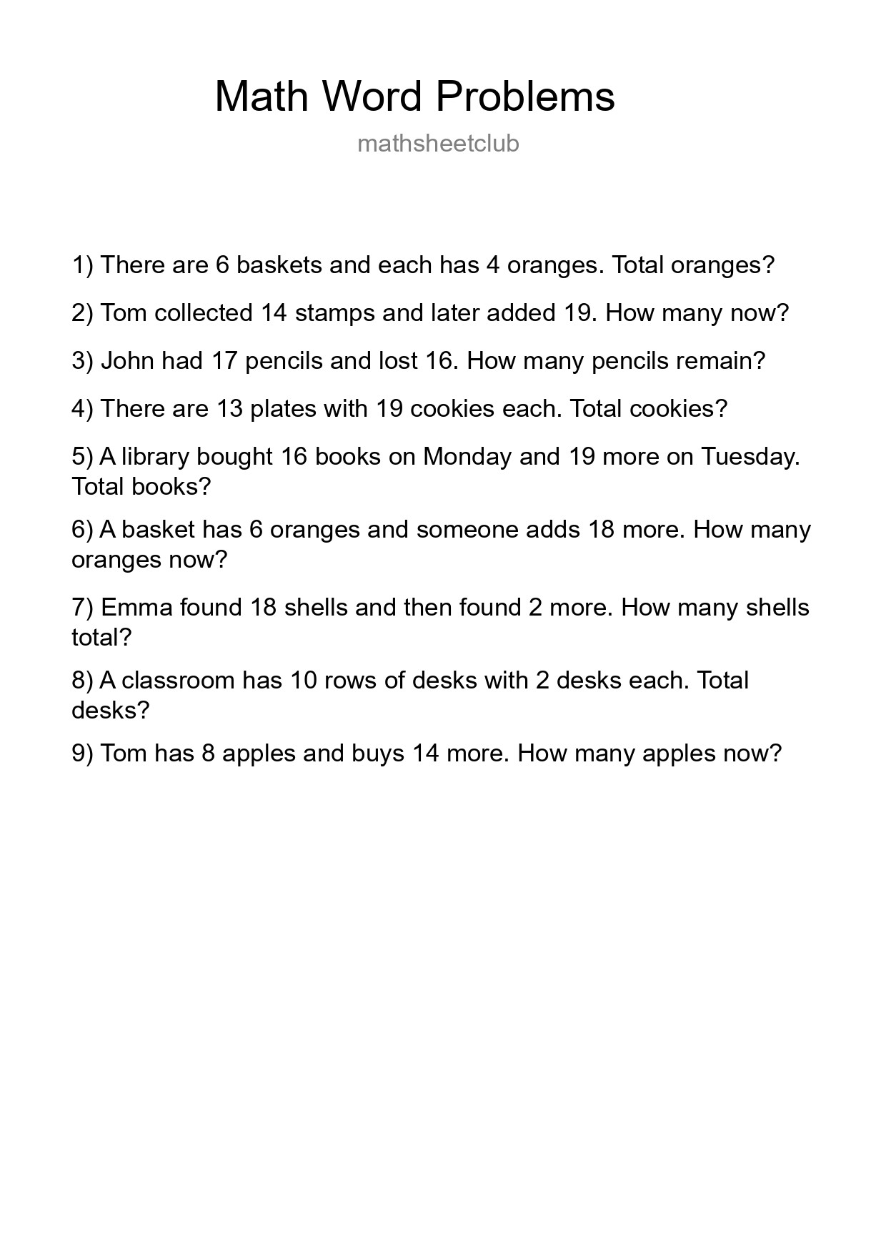 Math Word Problem Worksheet