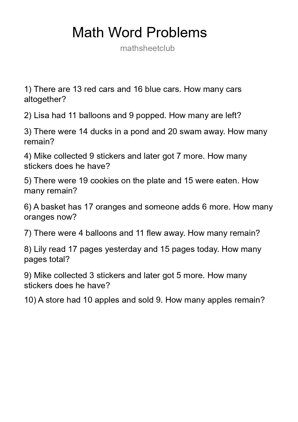 Math Word Problem Worksheet