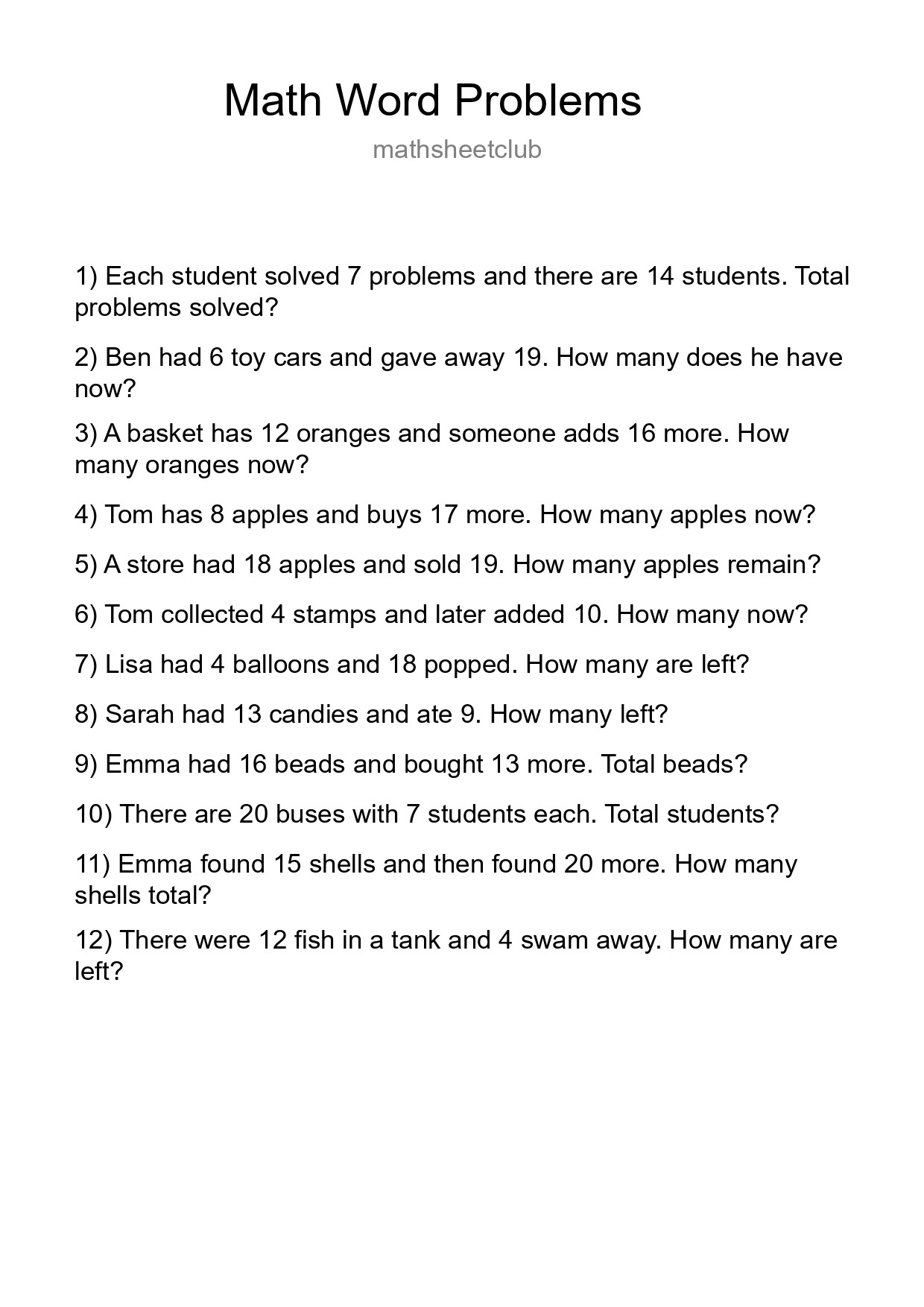 Math Word Problem Worksheet
