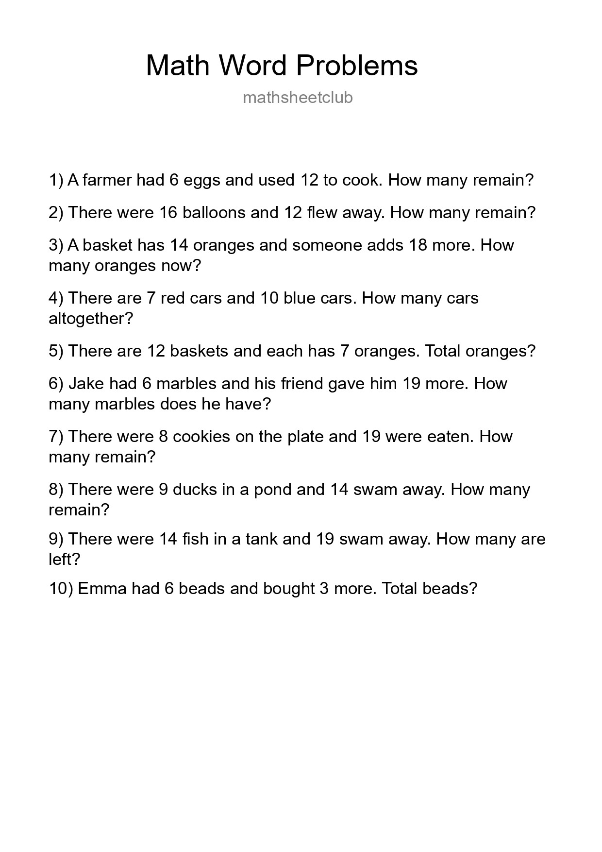 Math Word Problem Worksheet