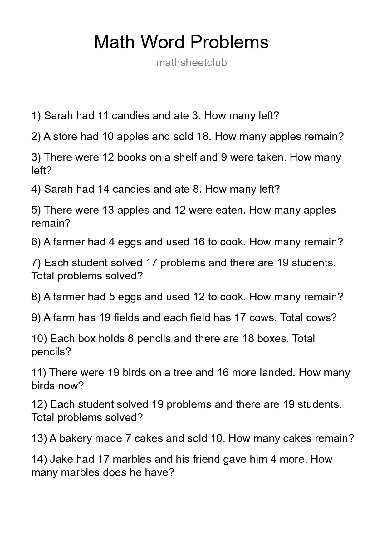 Math Word Problem Worksheet